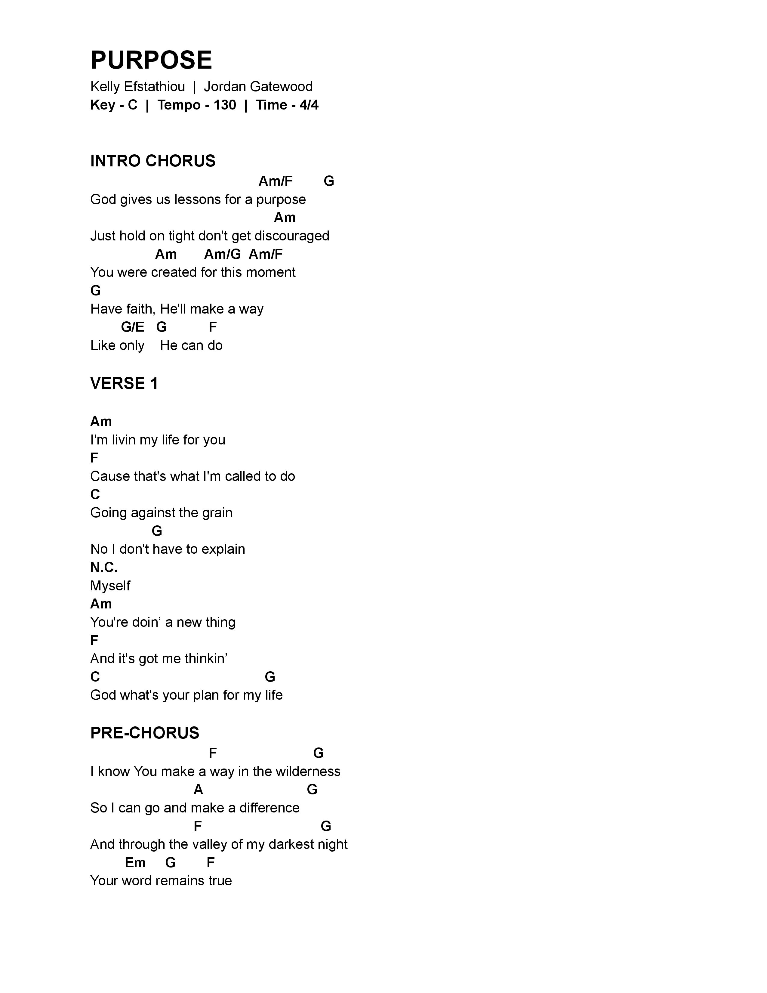 Purpose Chord Chart (Kelly Alayna / JWOODZ)