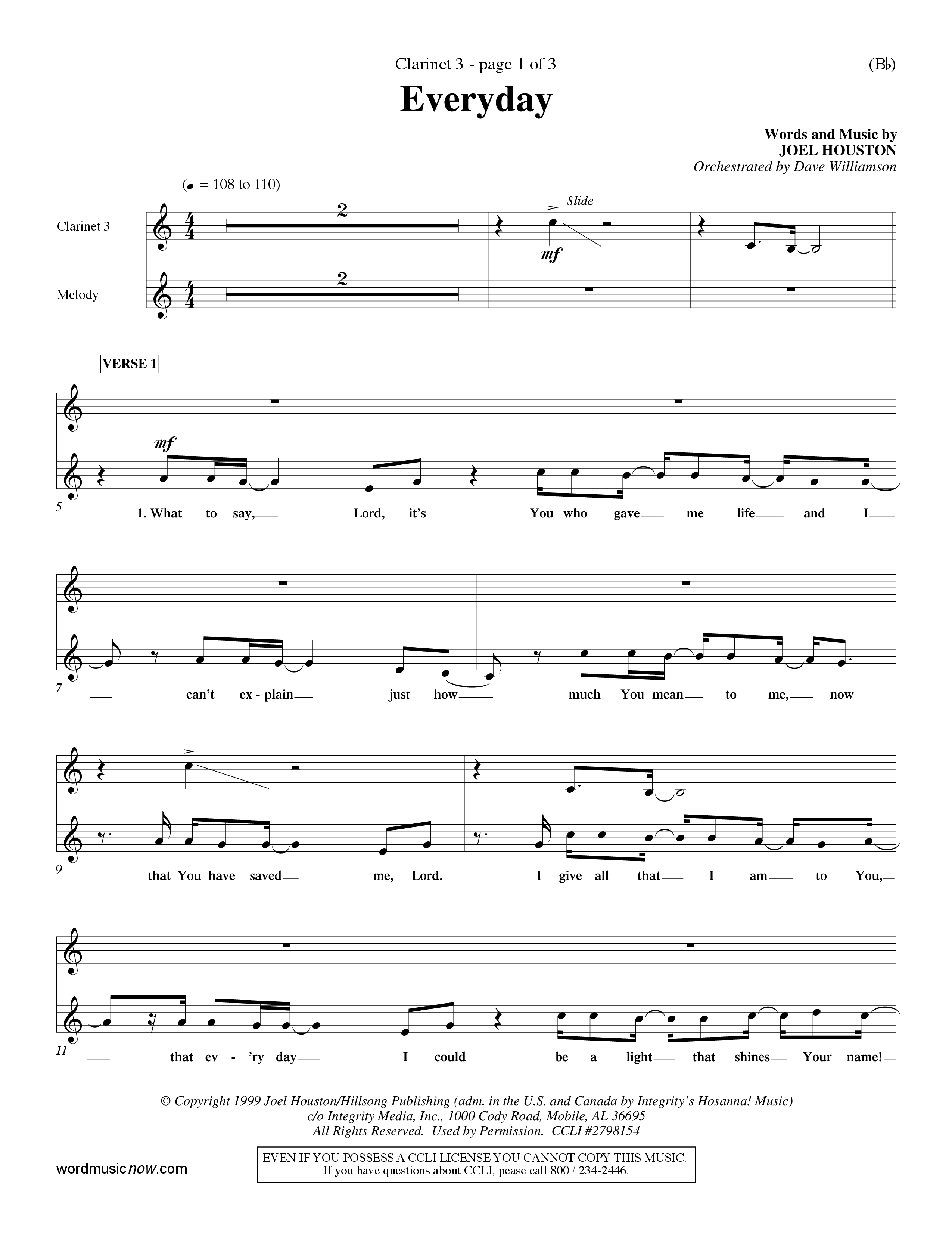 Everyday (Choral Anthem SATB) Clarinet 3 (Word Music Choral / Orch. Dave Williamson)