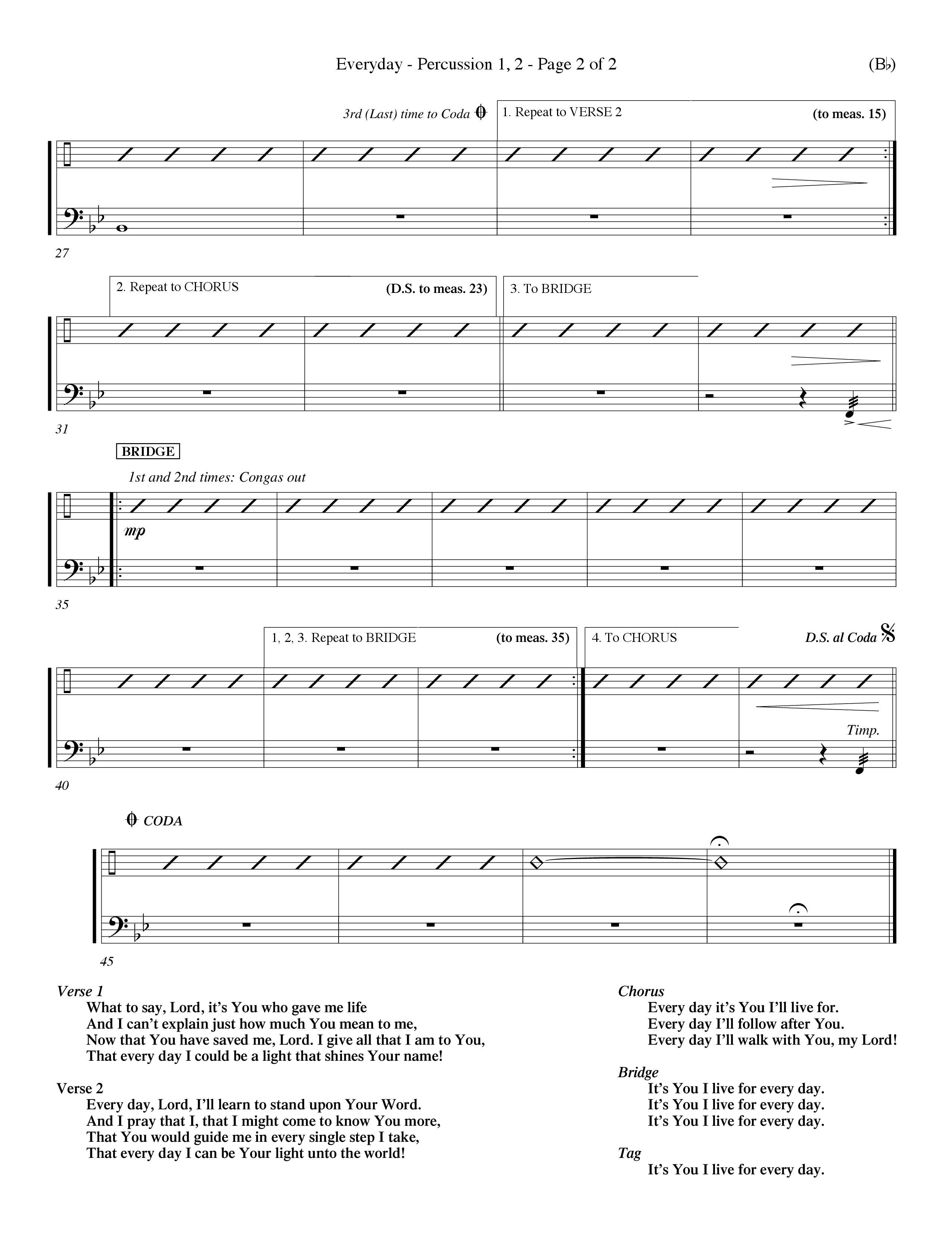 Everyday (Choral Anthem SATB) Percussion 1/2 (Word Music Choral / Orch. Dave Williamson)