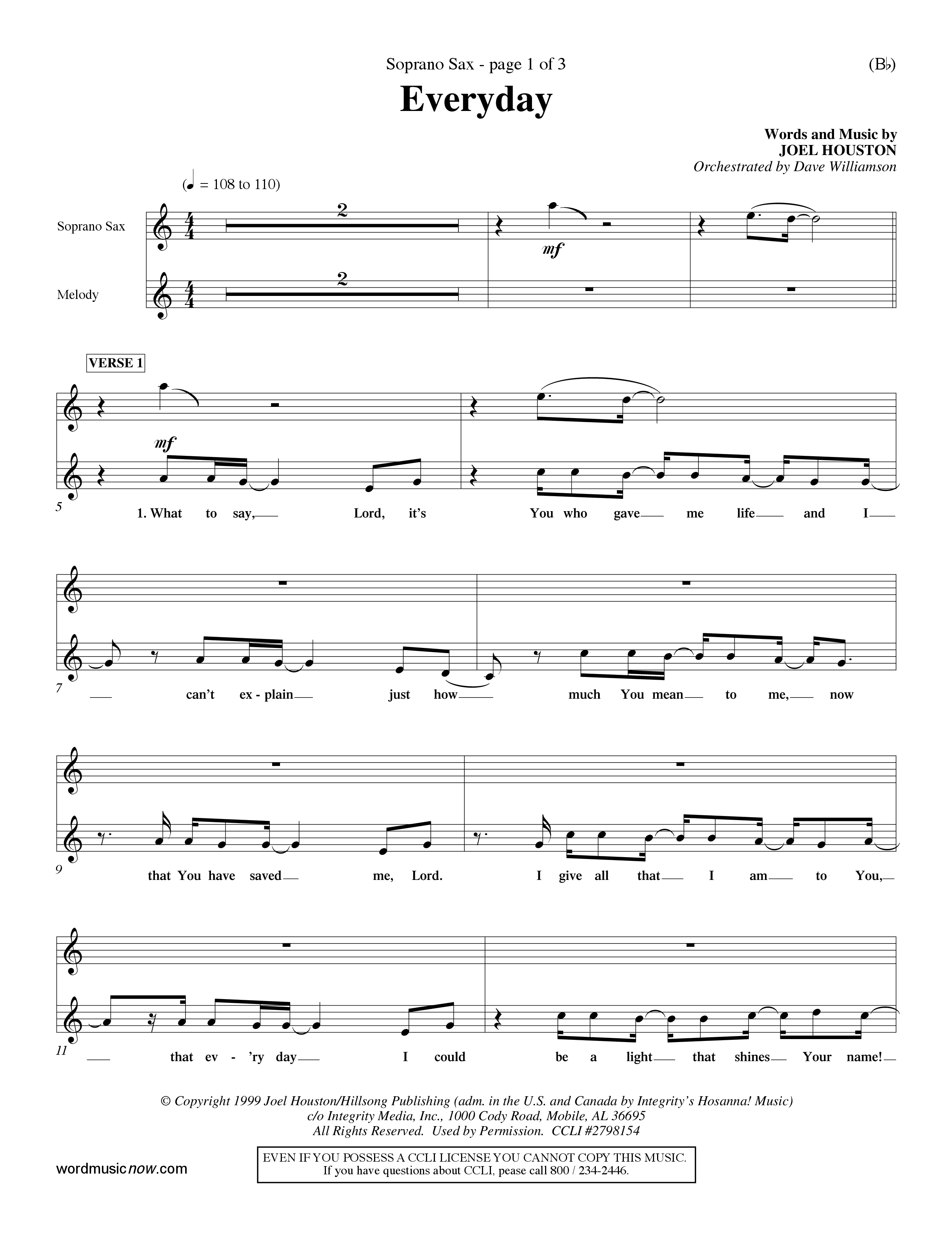 Everyday (Choral Anthem SATB) Saxophone (Word Music Choral / Orch. Dave Williamson)
