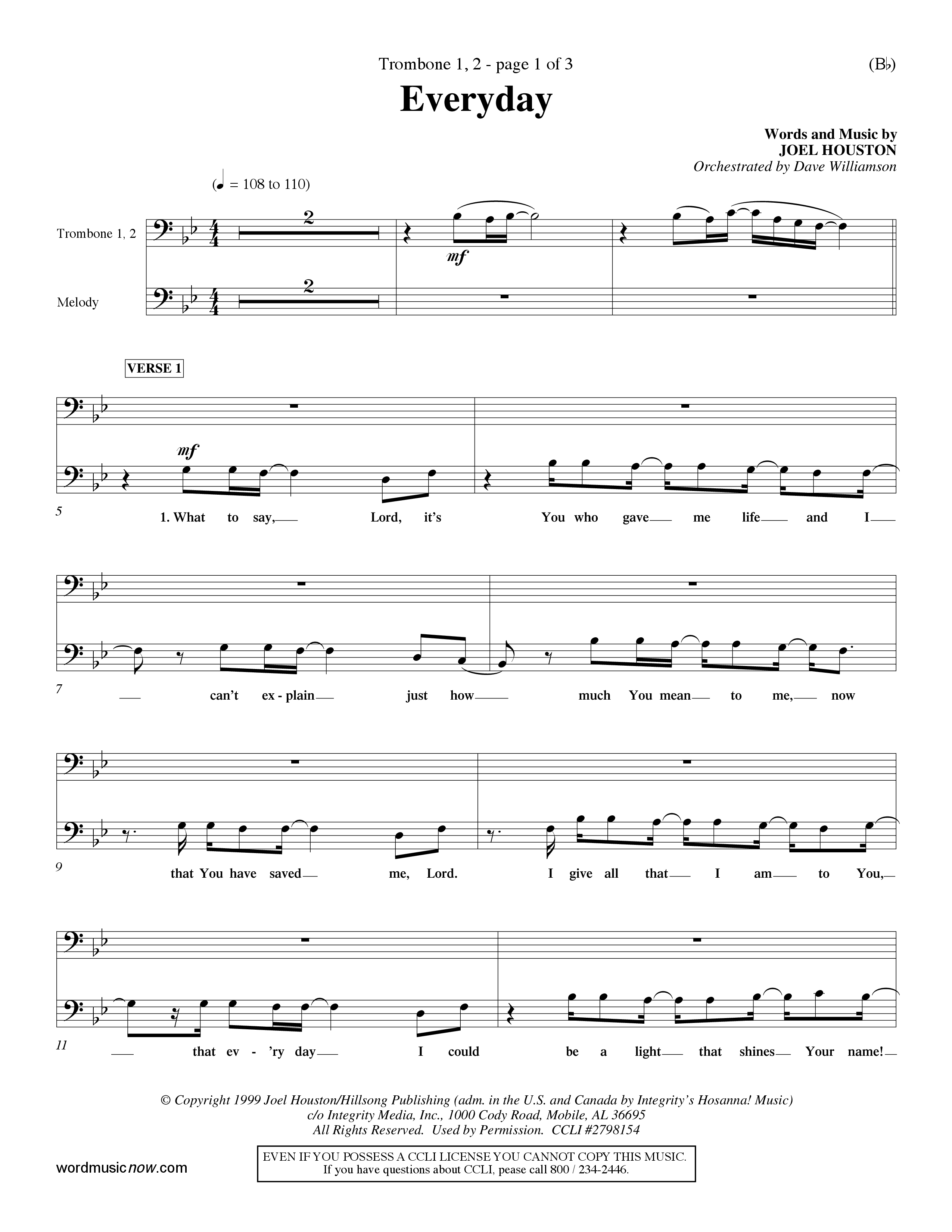 Everyday (Choral Anthem SATB) Trombone 1/2 (Word Music Choral / Orch. Dave Williamson)