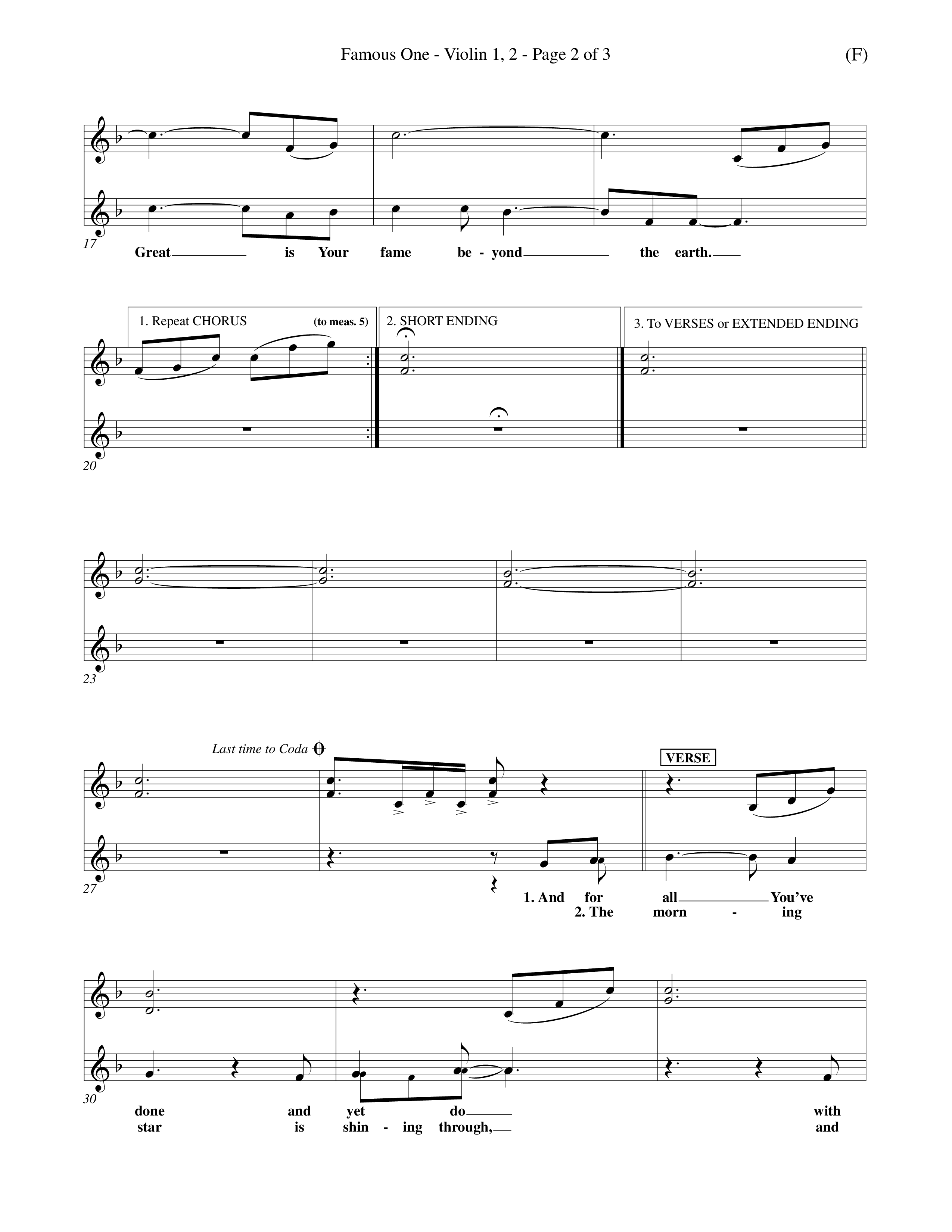 Famous One (Choral Anthem SATB) Violin 1/2 (Word Music Choral / Orch. Keith Christopher)