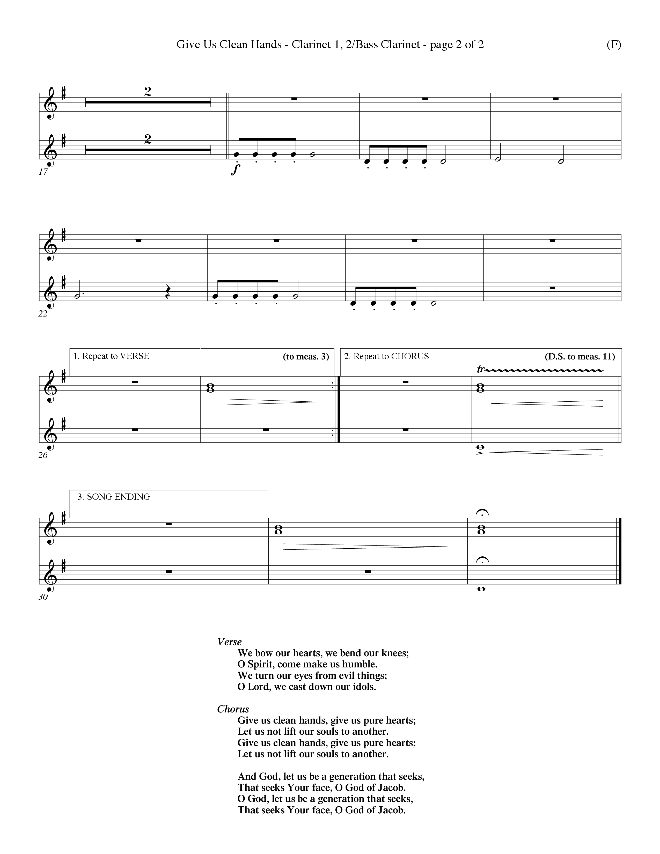 Give Us Clean Hands (Choral Anthem SATB) Clarinet 1/2, Bass Clarinet (Word Music Choral / Orch. Dave Williamson)