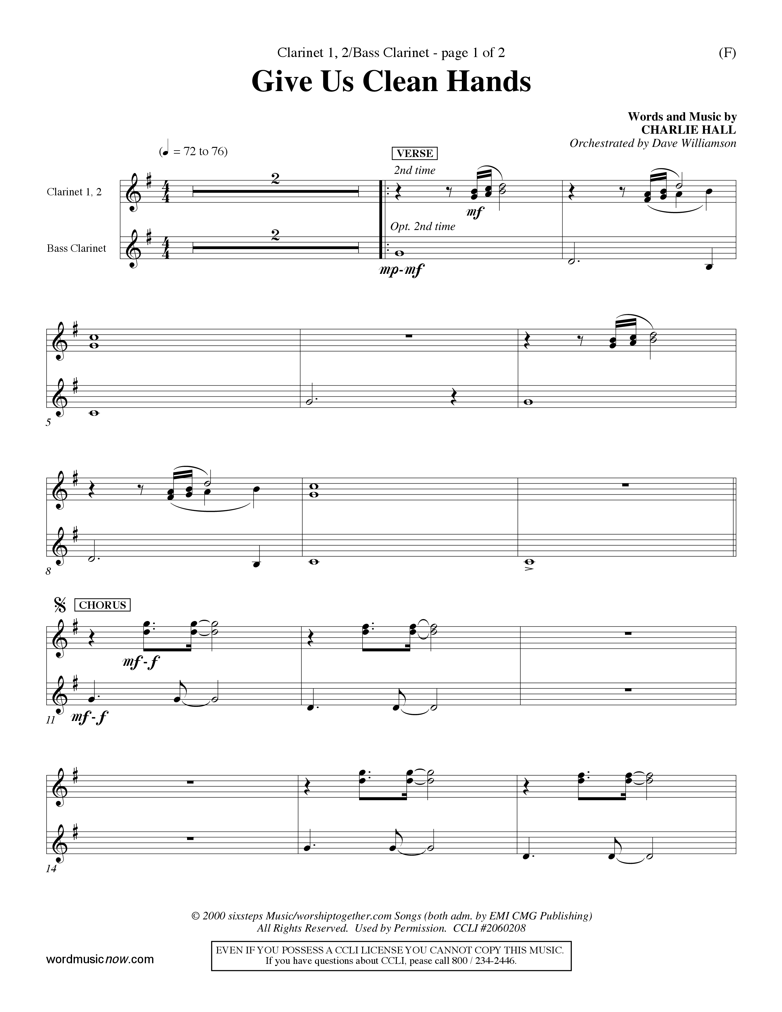 Give Us Clean Hands (Choral Anthem SATB) Clarinet 1/2, Bass Clarinet (Word Music Choral / Orch. Dave Williamson)