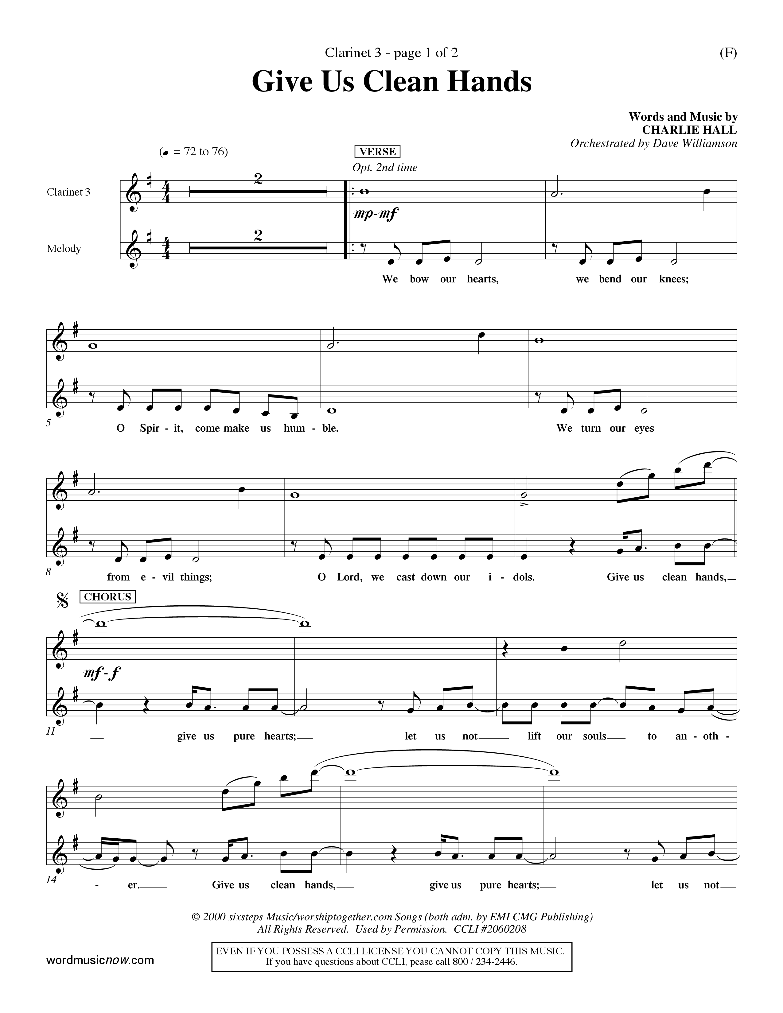 Give Us Clean Hands (Choral Anthem SATB) Clarinet 3 (Word Music Choral / Orch. Dave Williamson)