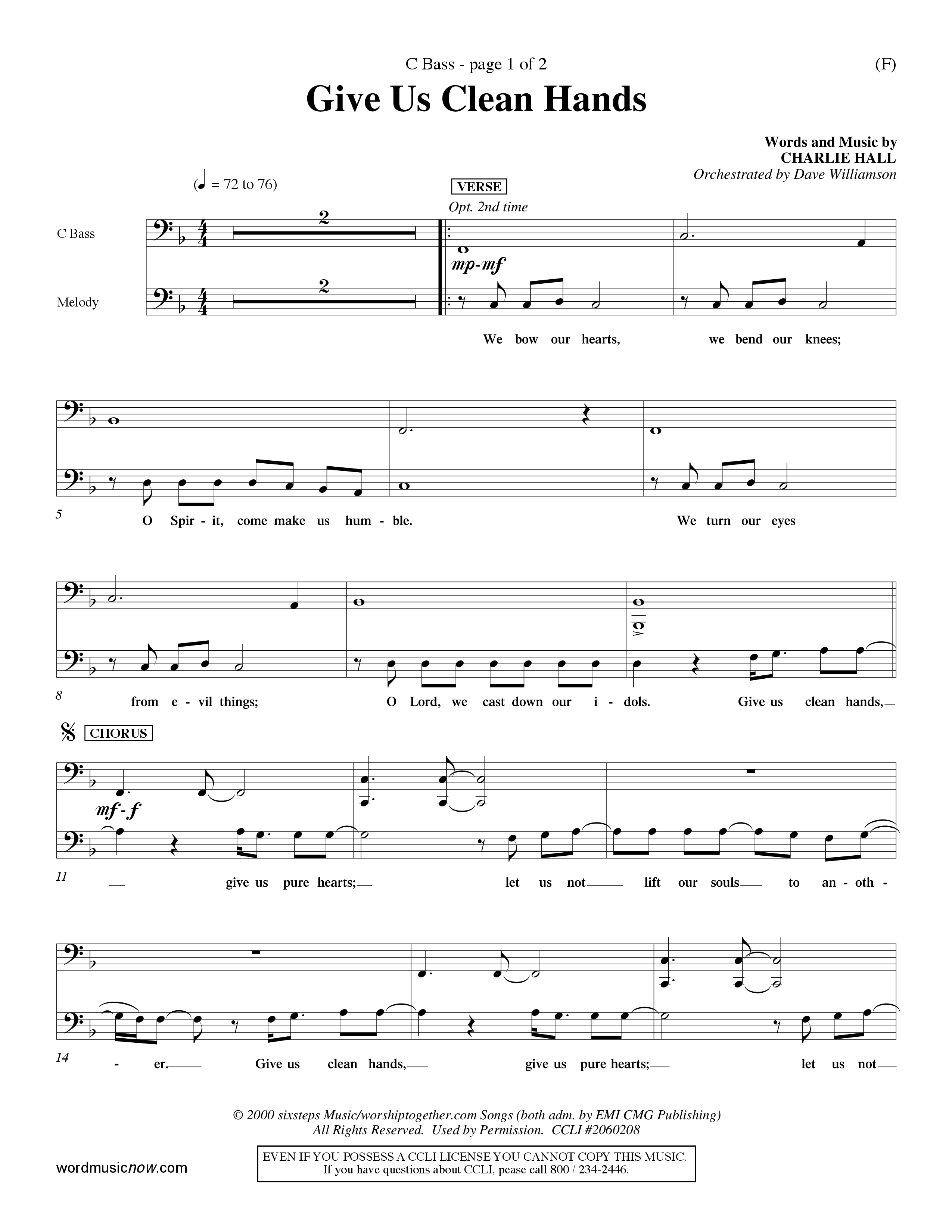 Give Us Clean Hands (Choral Anthem SATB) Contrabass (Word Music Choral / Orch. Dave Williamson)