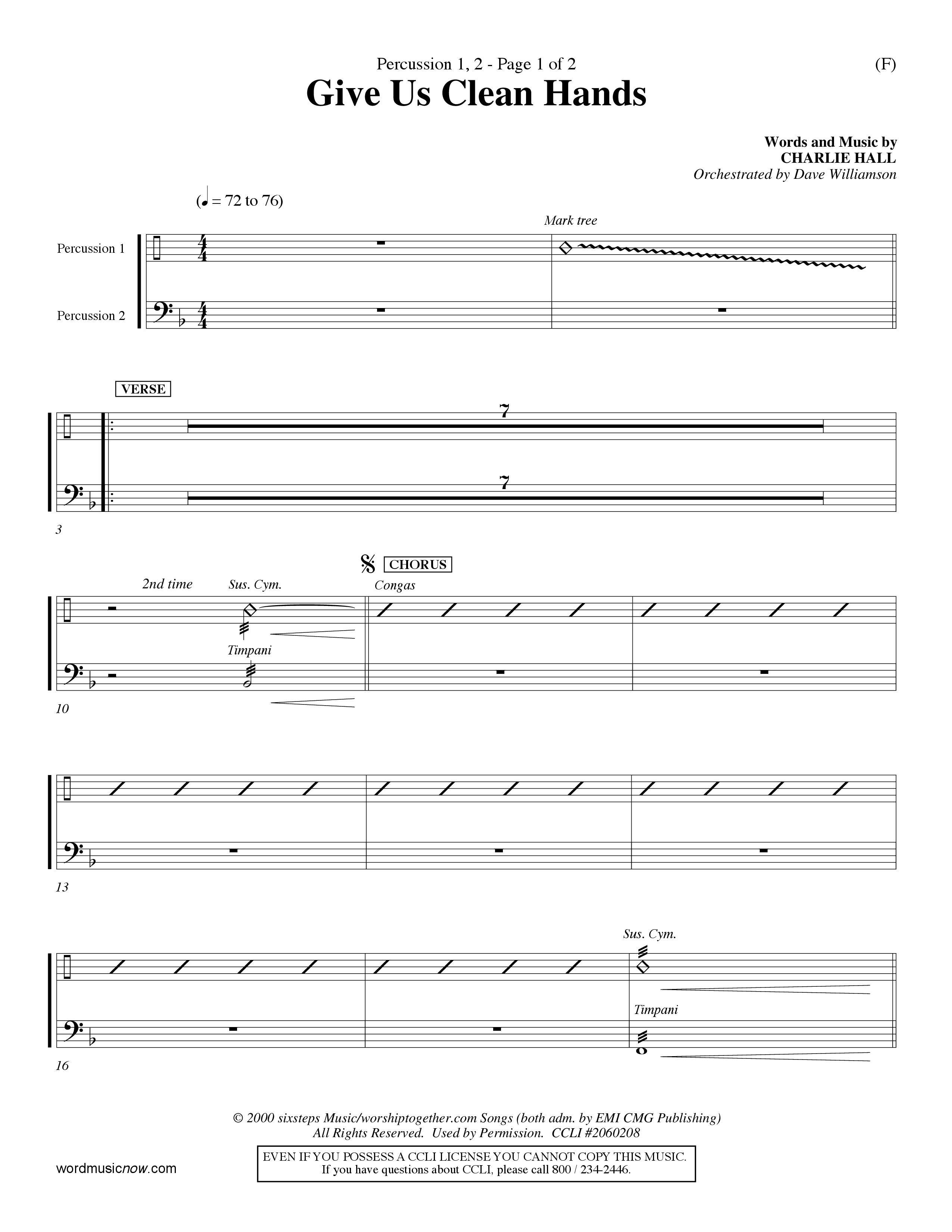 Give Us Clean Hands (Choral Anthem SATB) Percussion 1/2 (Word Music Choral / Orch. Dave Williamson)