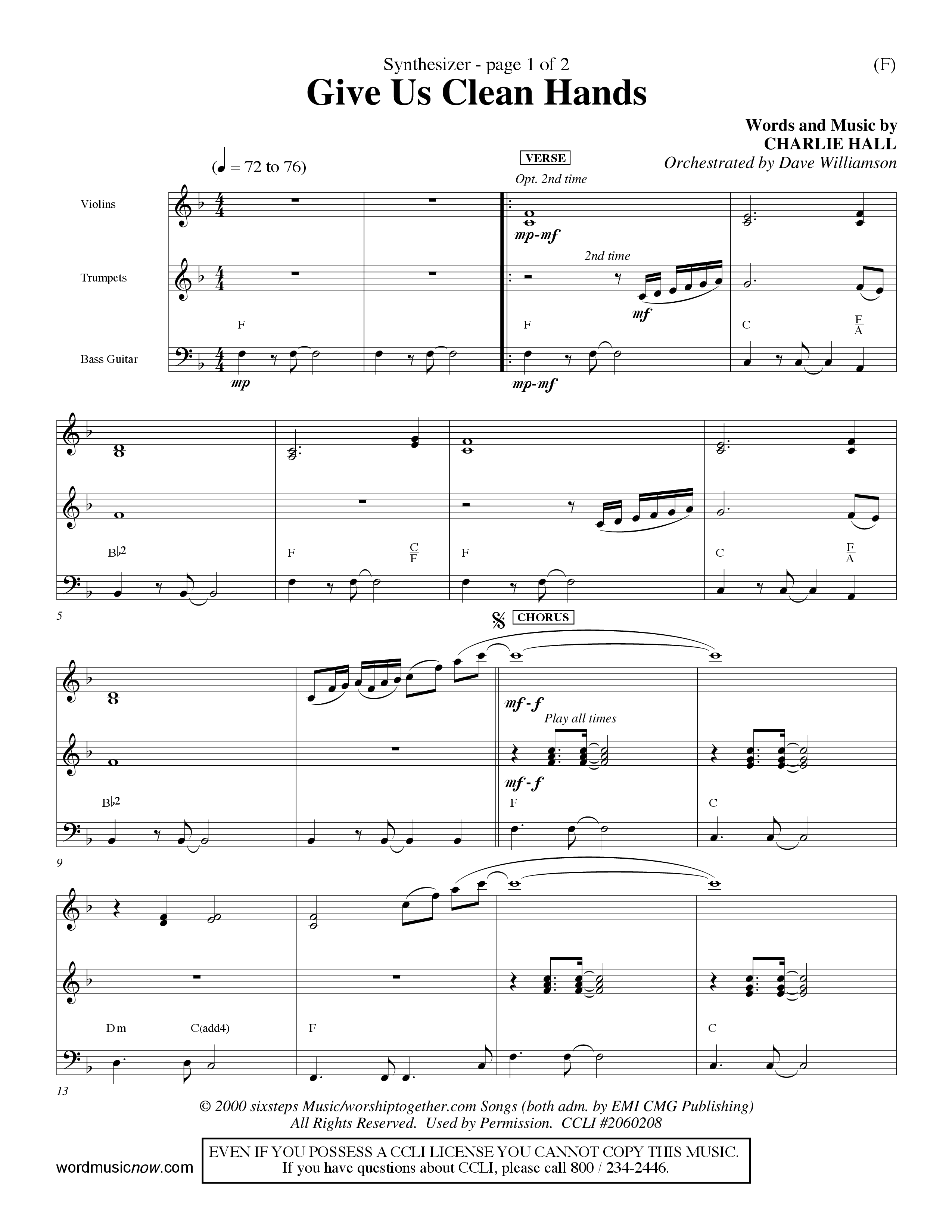 Give Us Clean Hands (Choral Anthem SATB) Synth (Word Music Choral / Orch. Dave Williamson)