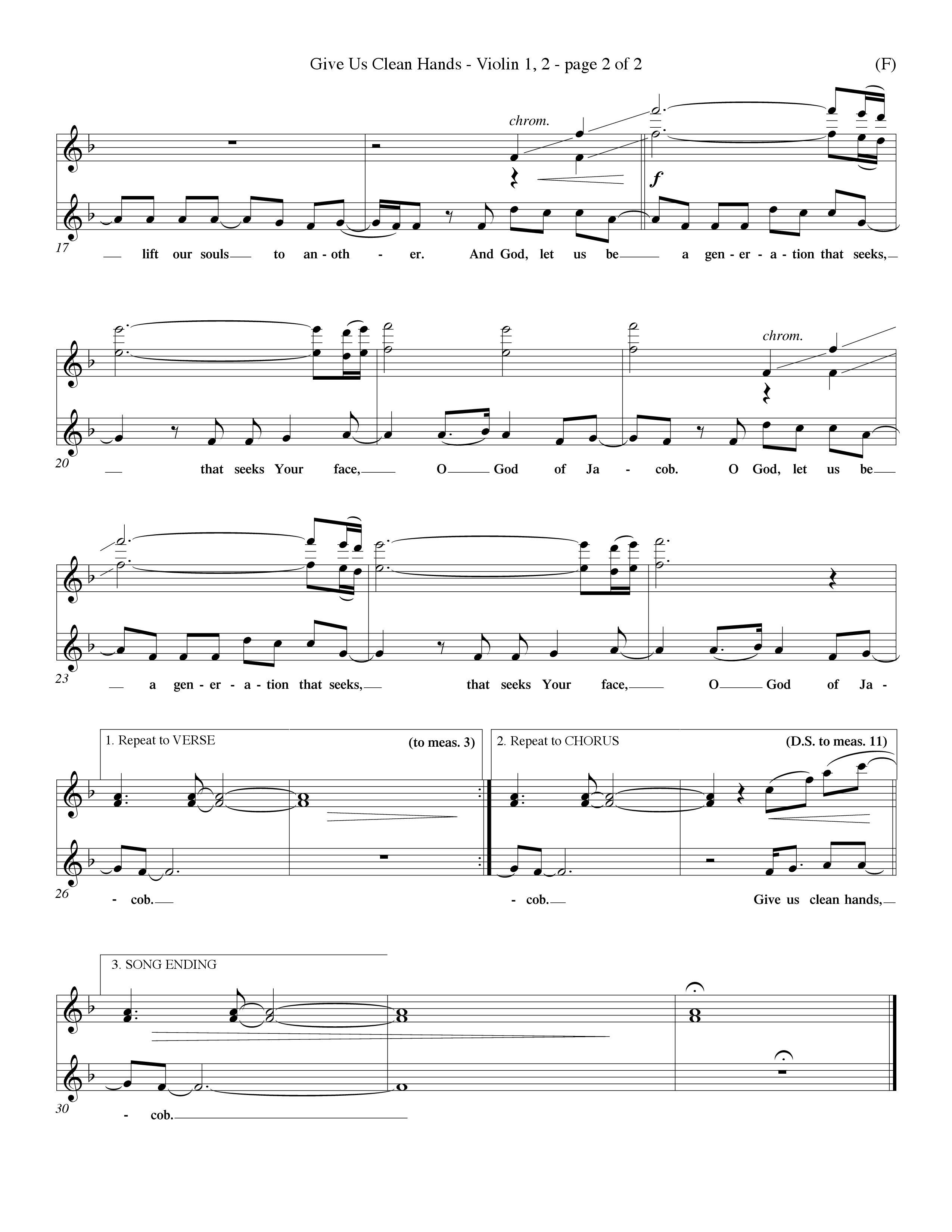 Give Us Clean Hands (Choral Anthem SATB) Violin 1/2 (Word Music Choral / Orch. Dave Williamson)