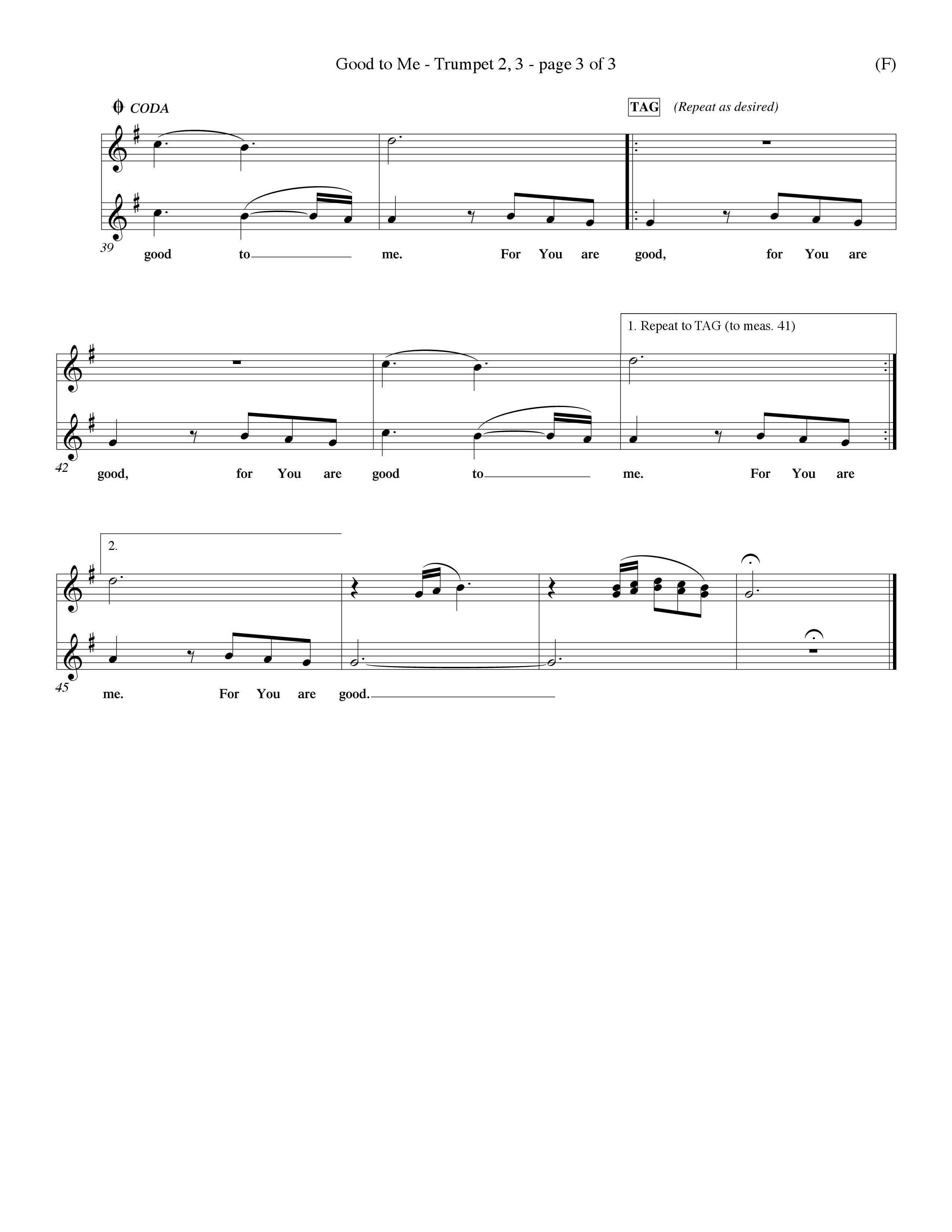 Good To Me (Choral Anthem SATB) Trumpet 2/3 (Word Music Choral / Arr. Dave Williamson / d)