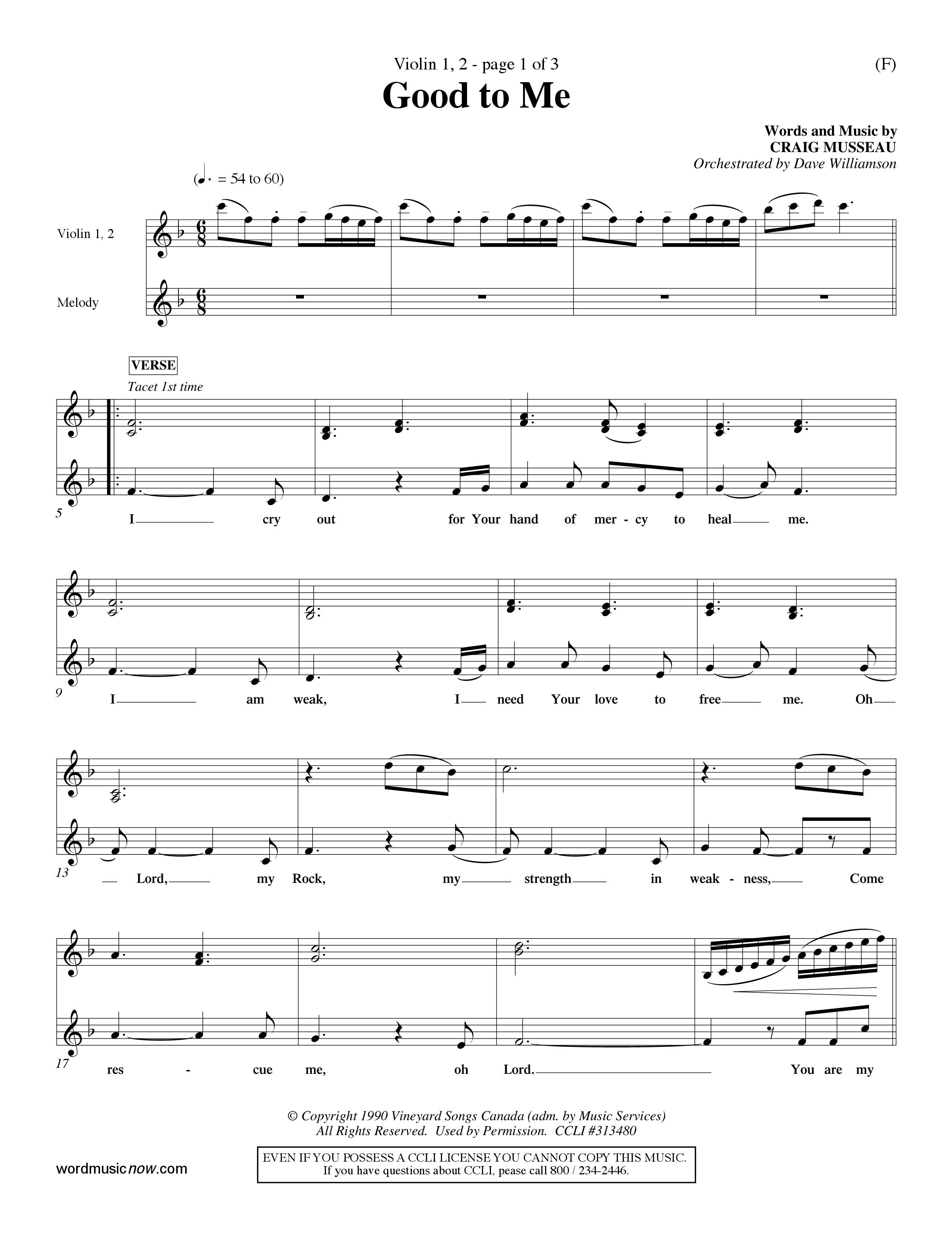 Good To Me (Choral Anthem SATB) Violin 1/2 (Word Music Choral / Arr. Dave Williamson / d)