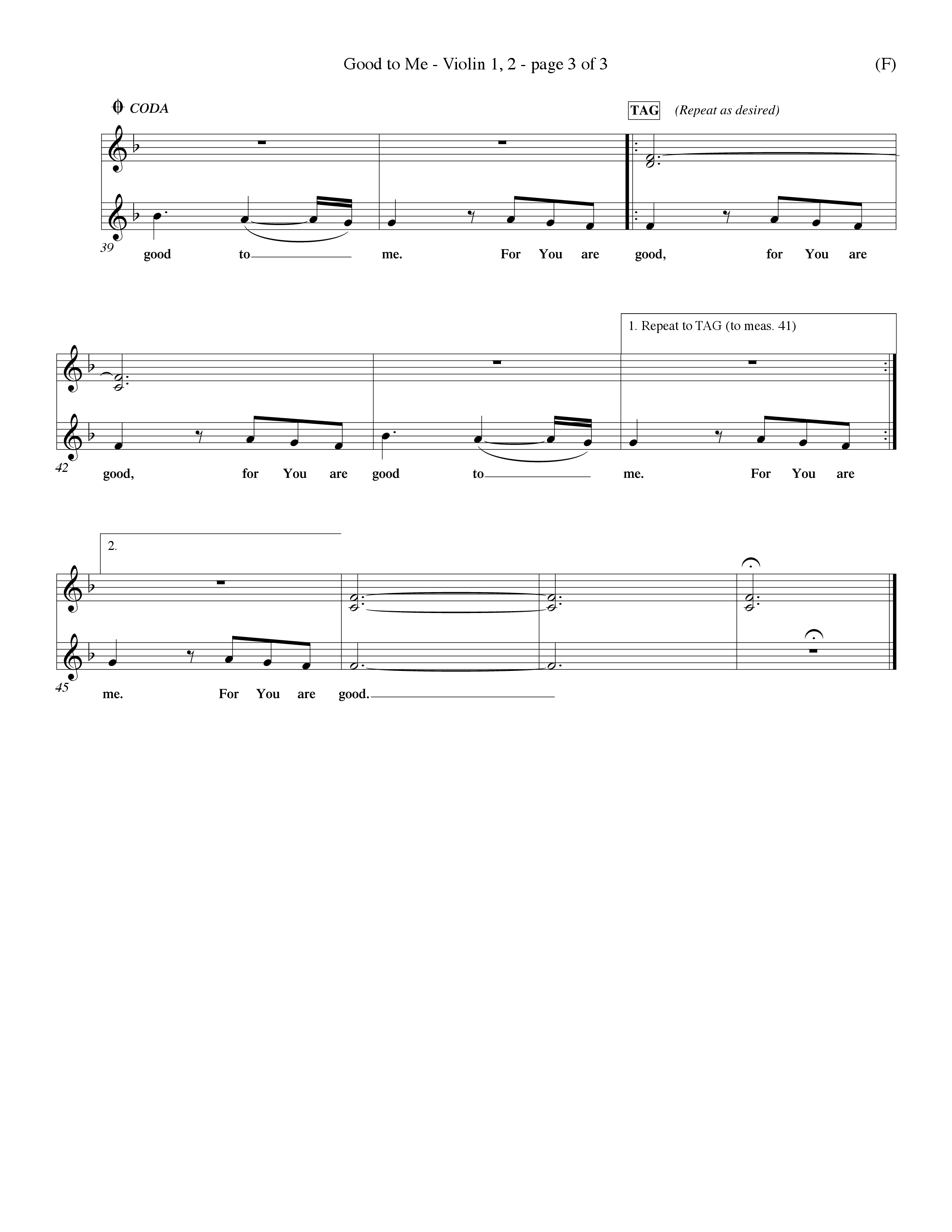 Good To Me (Choral Anthem SATB) Violin 1/2 (Word Music Choral / Arr. Dave Williamson / d)