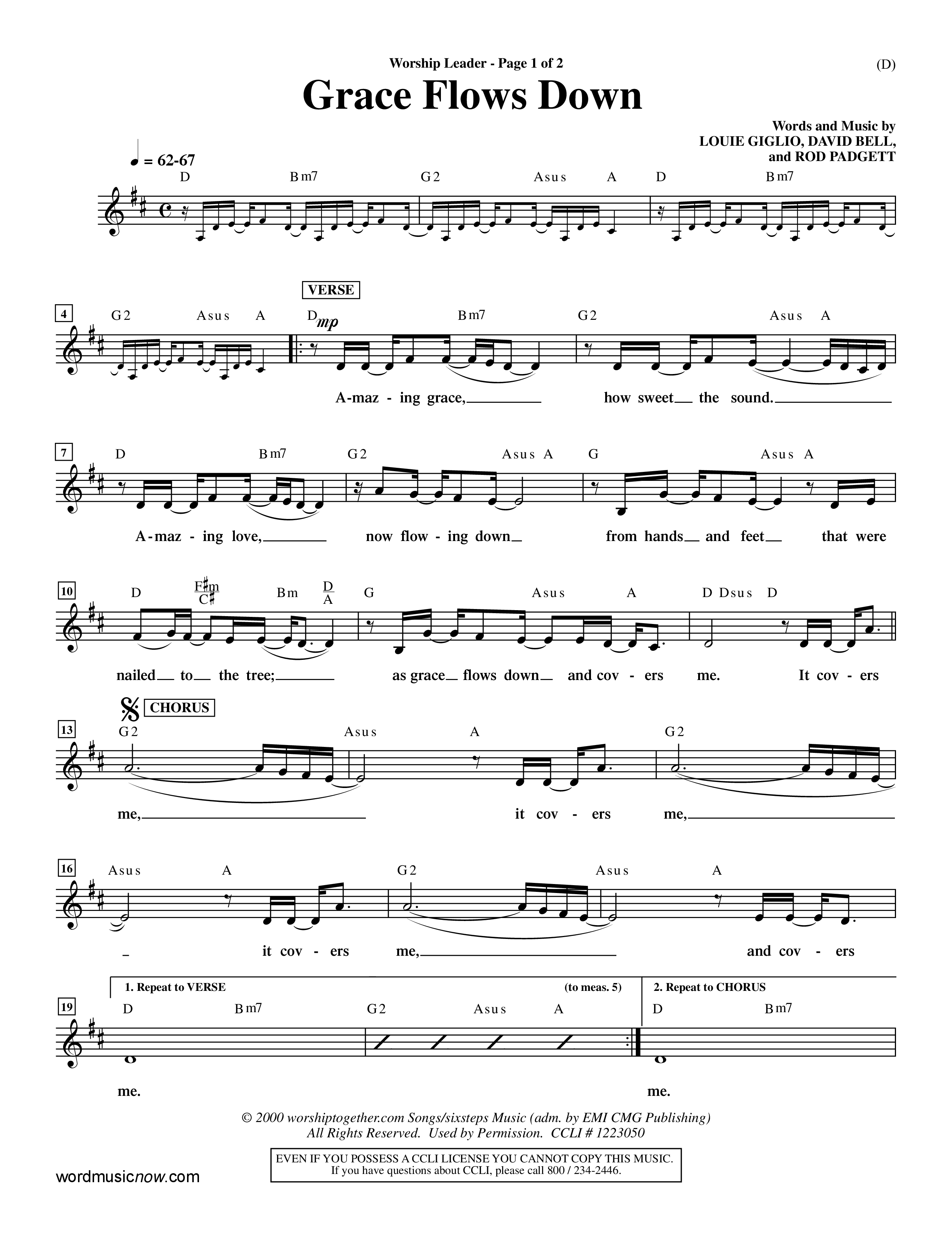 Grace Flows Down (Choral Anthem SATB) Lead Sheet (Mel) (Word Music Choral)
