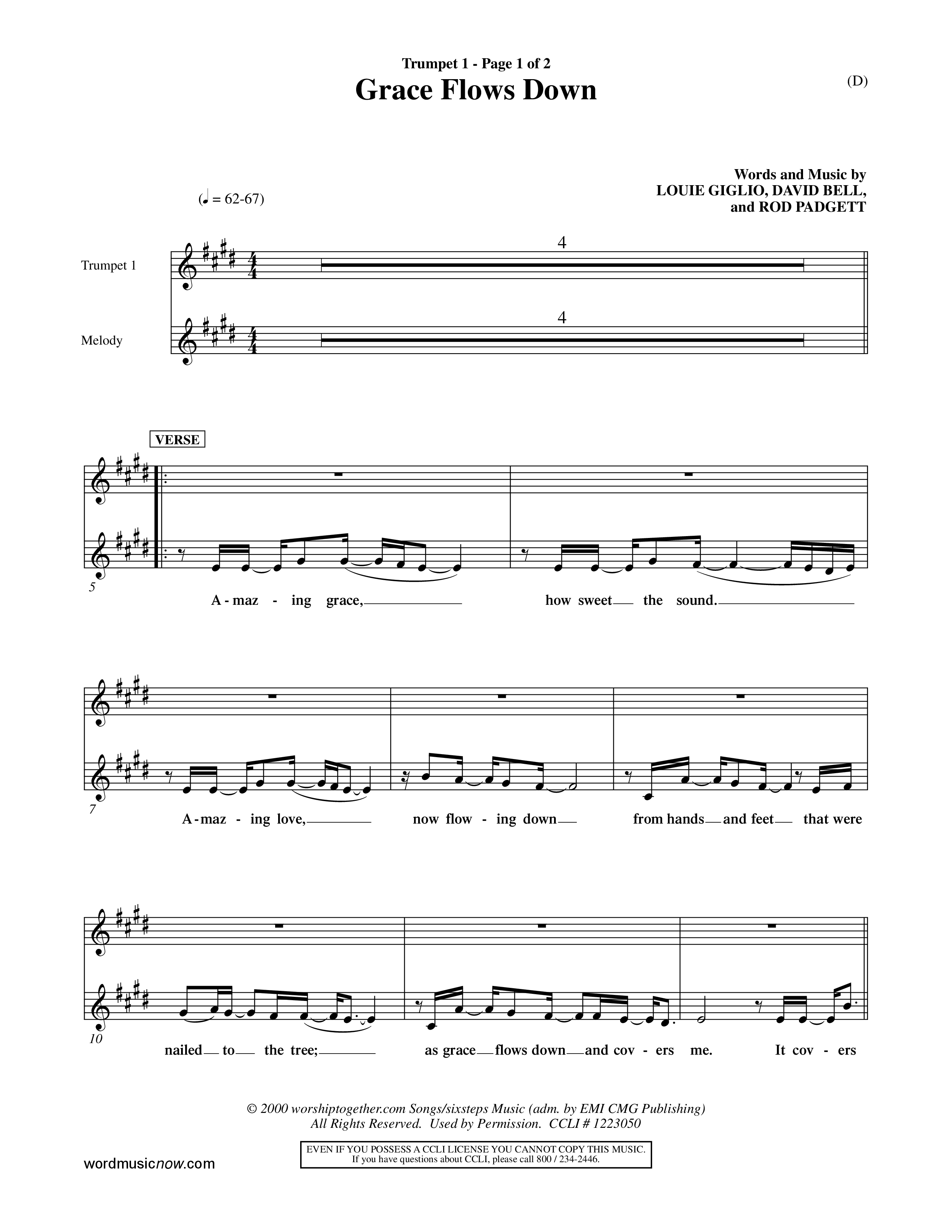 Grace Flows Down (Choral Anthem SATB) Trumpet 1 (Word Music Choral)