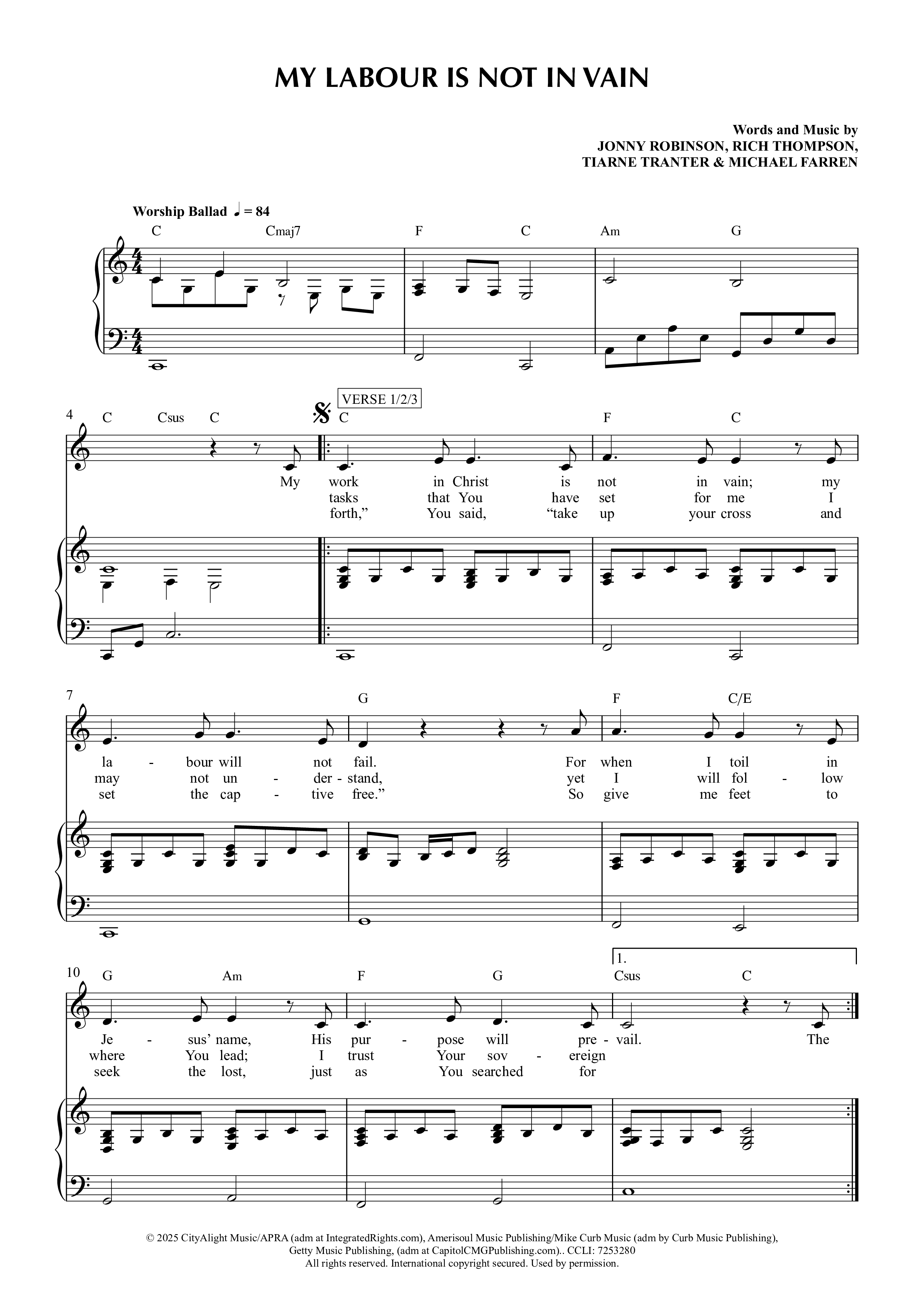 My Labour Is Not In Vain Piano/Melody (CityAlight)