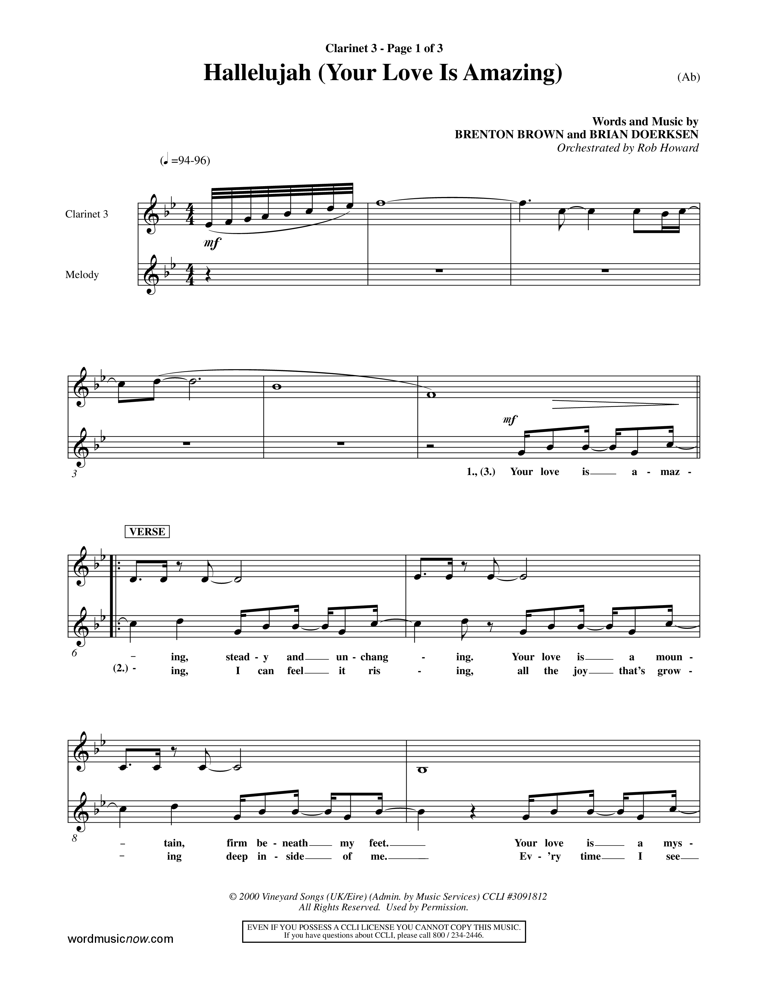 Hallelujah (Your Love Is Amazing) (Choral Anthem SATB) Clarinet 3 (Word Music Choral / Orch. Rob Howard)