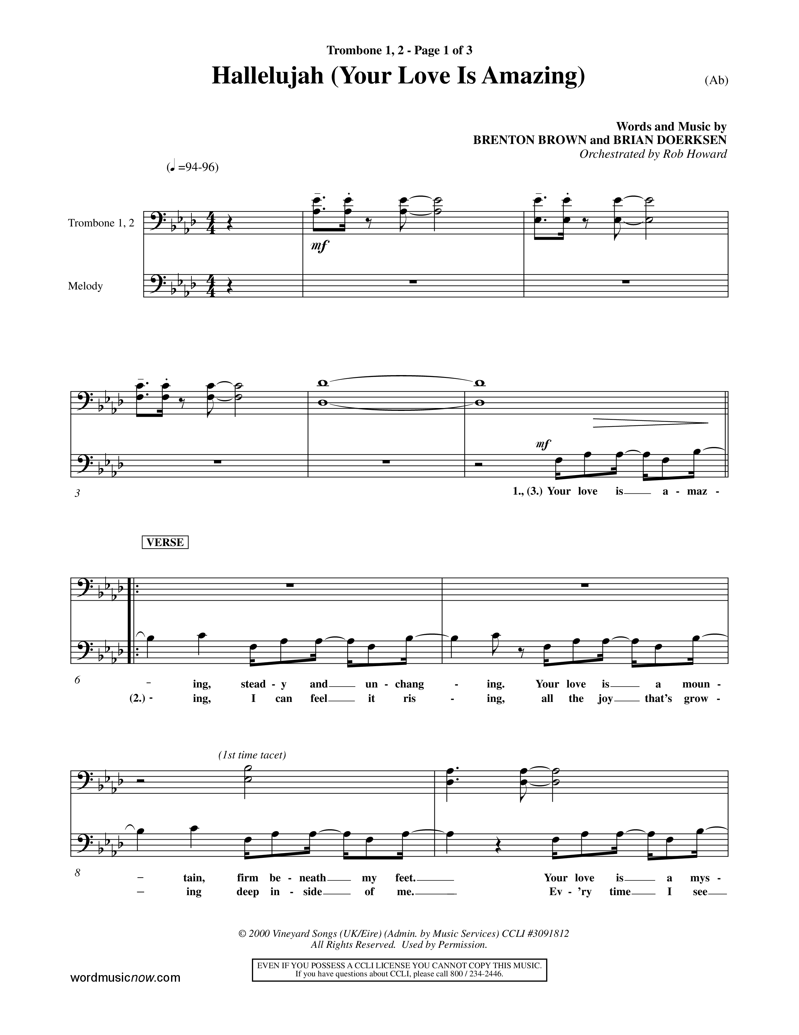 Hallelujah (Your Love Is Amazing) (Choral Anthem SATB) Trombone 1/2 (Word Music Choral / Orch. Rob Howard)