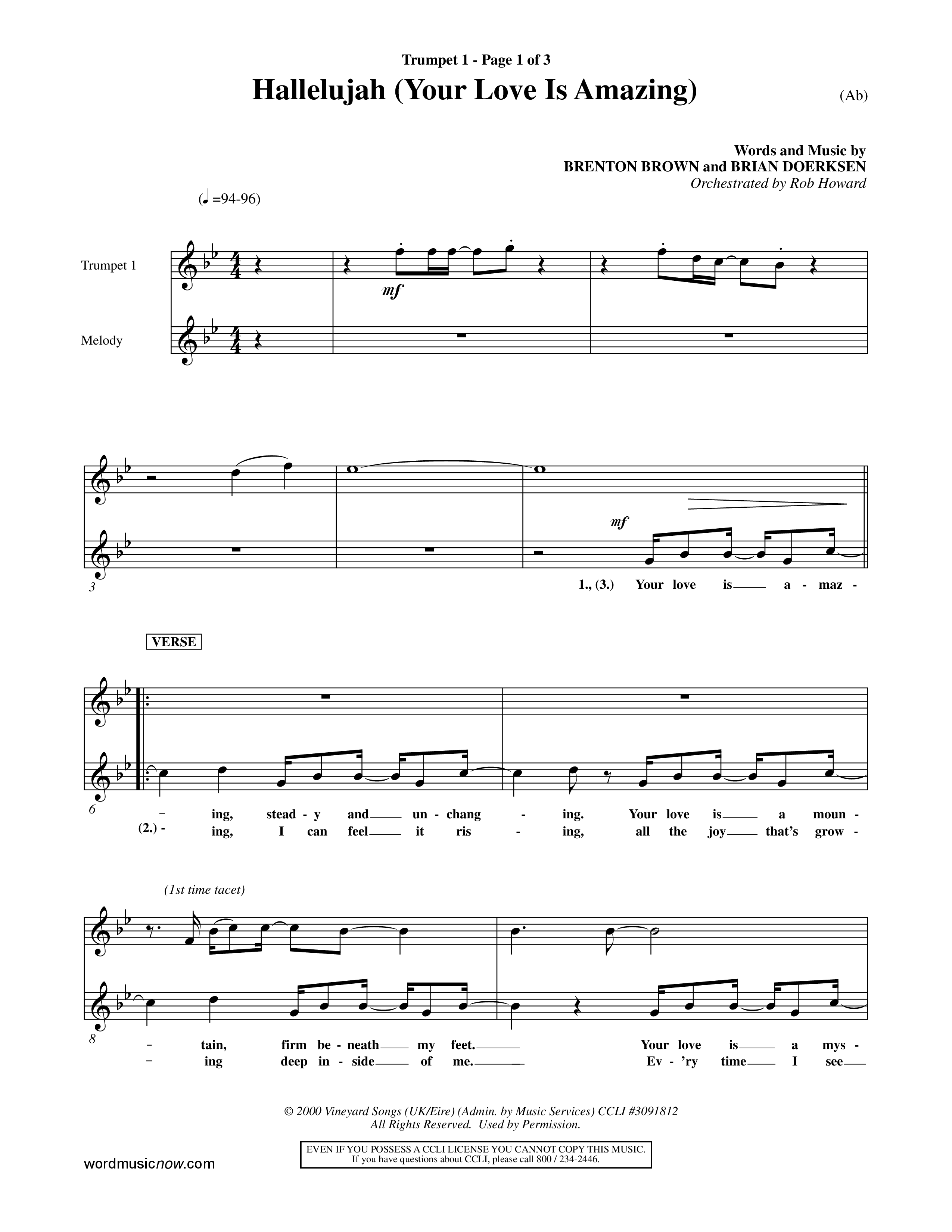 Hallelujah (Your Love Is Amazing) (Choral Anthem SATB) Trumpet 1 (Word Music Choral / Orch. Rob Howard)