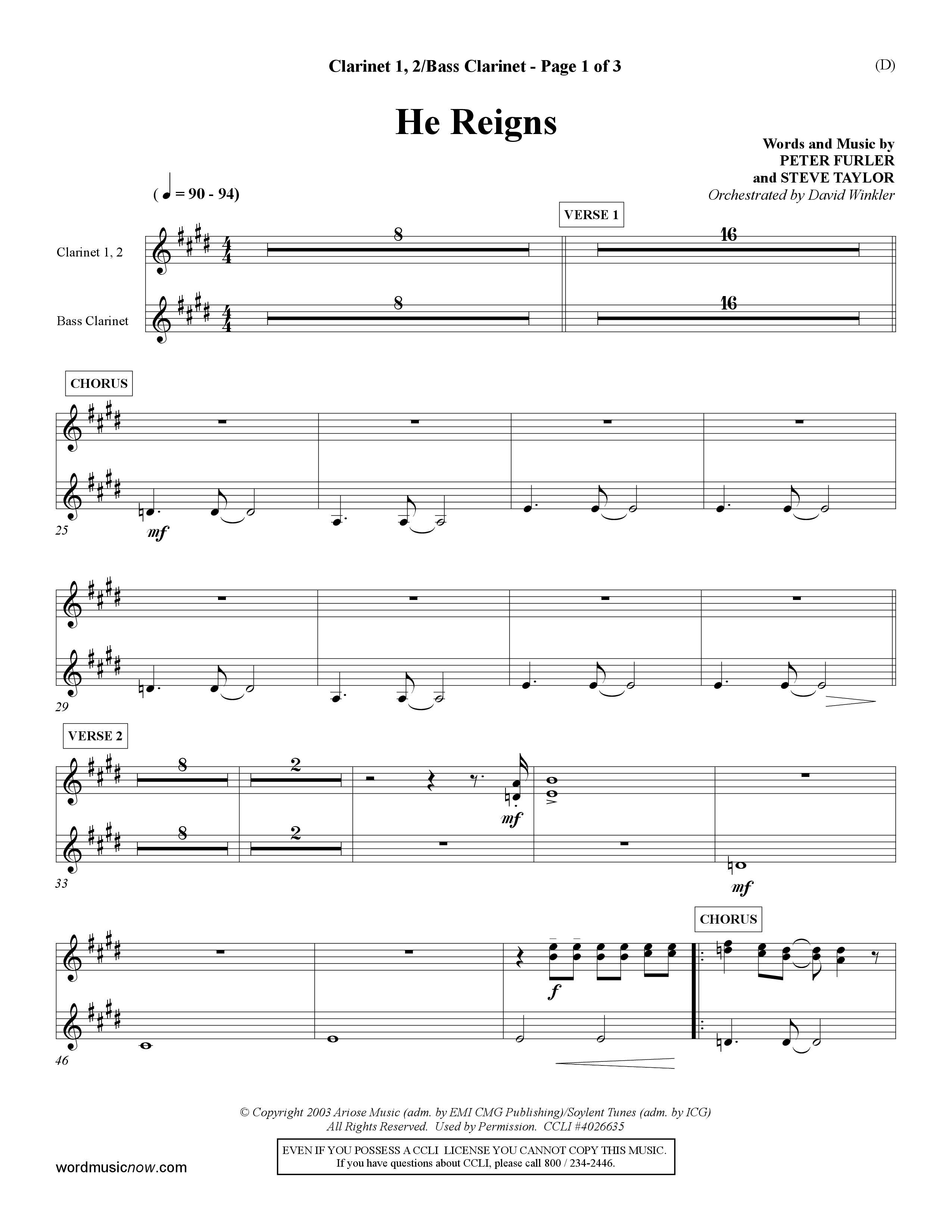 He Reigns (Choral Anthem SATB) Clarinet 1/2, Bass Clarinet (Word Music Choral / Orch. David Winkler)
