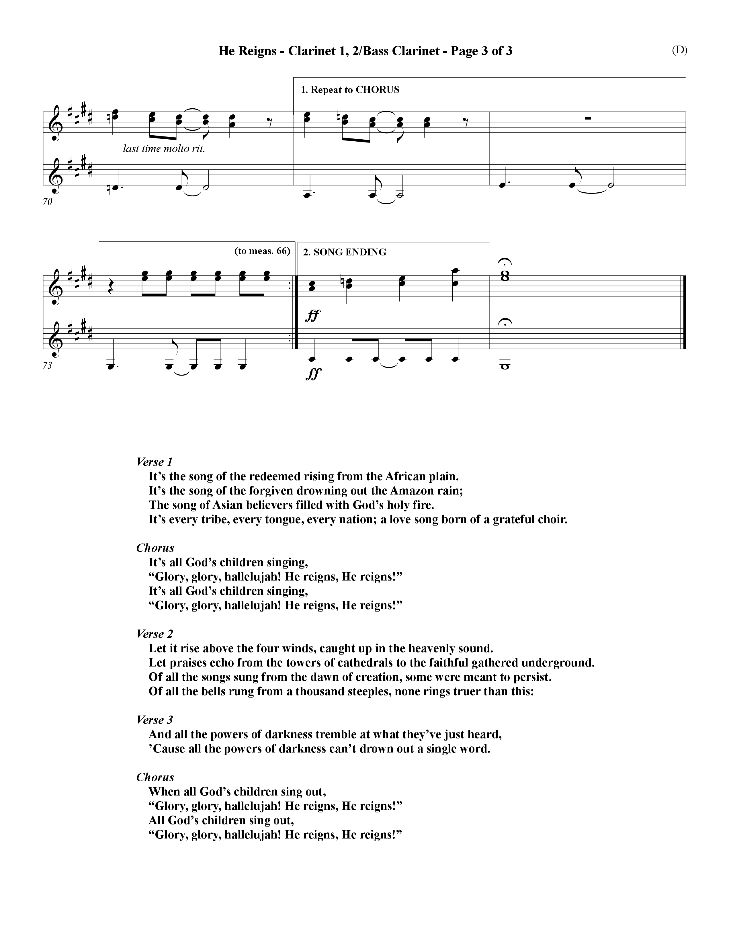 He Reigns (Choral Anthem SATB) Clarinet 1/2, Bass Clarinet (Word Music Choral / Orch. David Winkler)