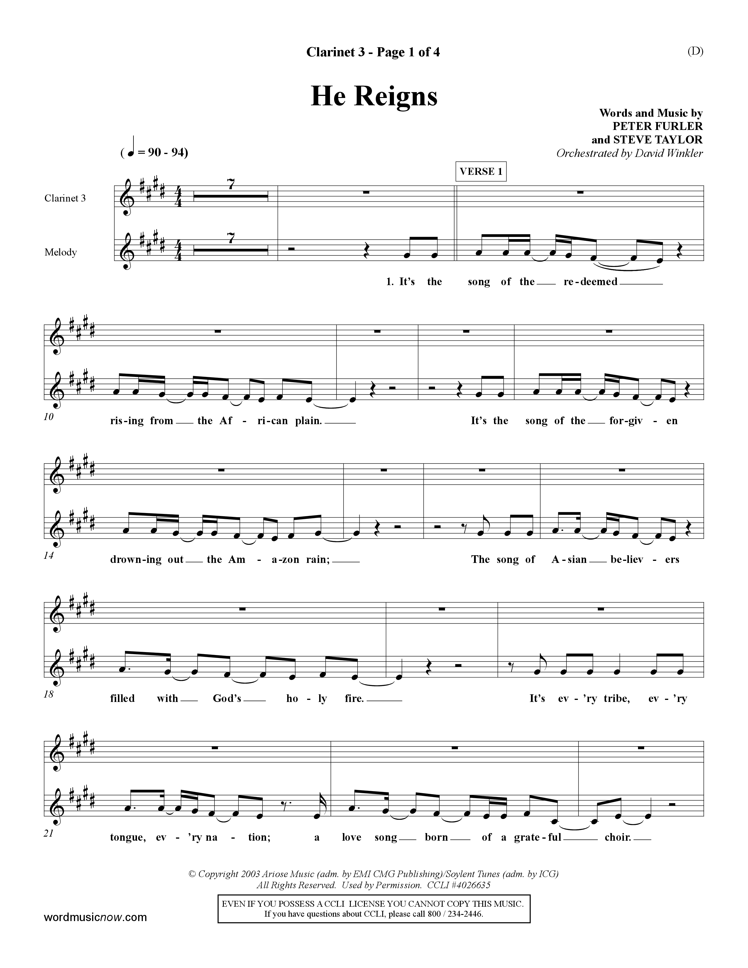 He Reigns (Choral Anthem SATB) Clarinet 3 (Word Music Choral / Orch. David Winkler)