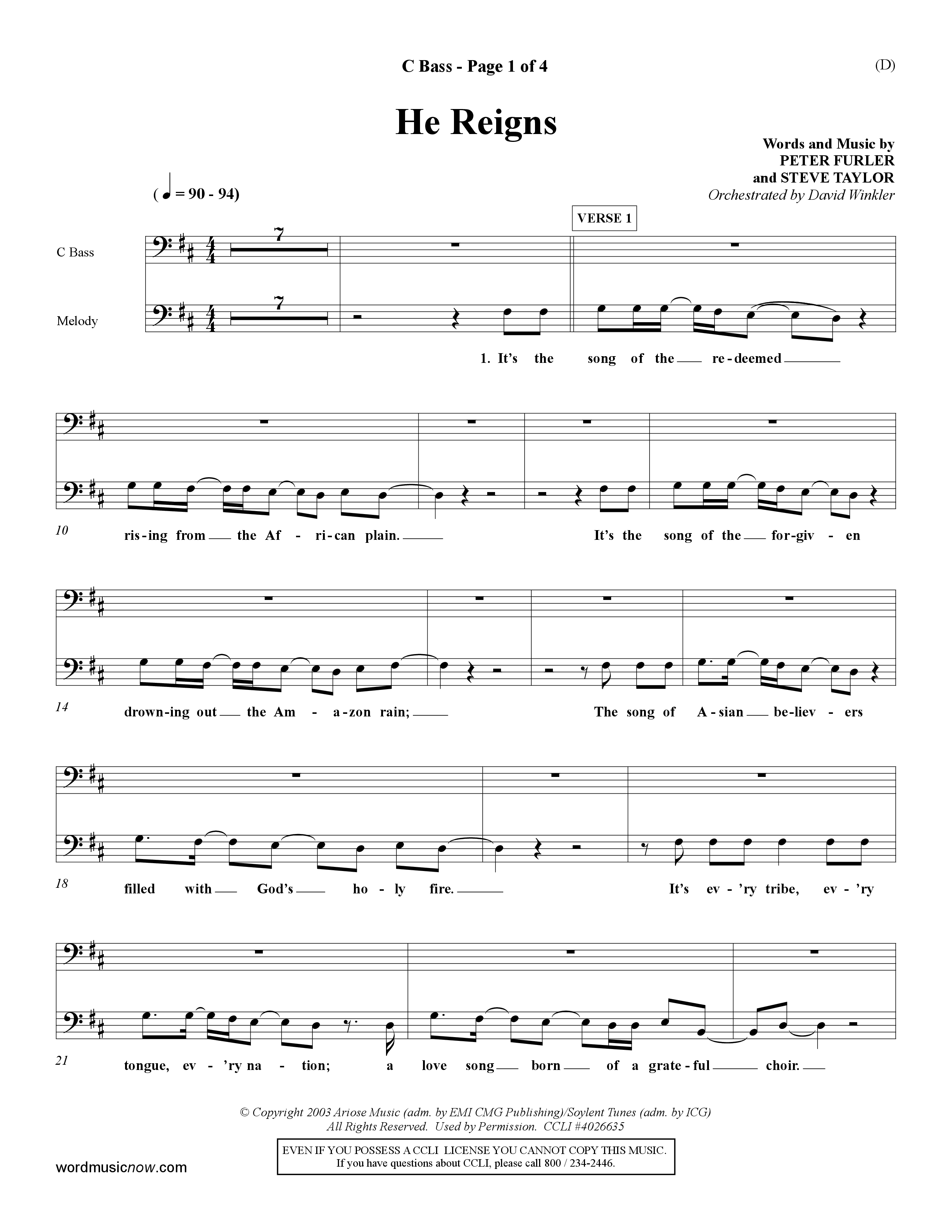 He Reigns (Choral Anthem SATB) Contrabass (Word Music Choral / Orch. David Winkler)