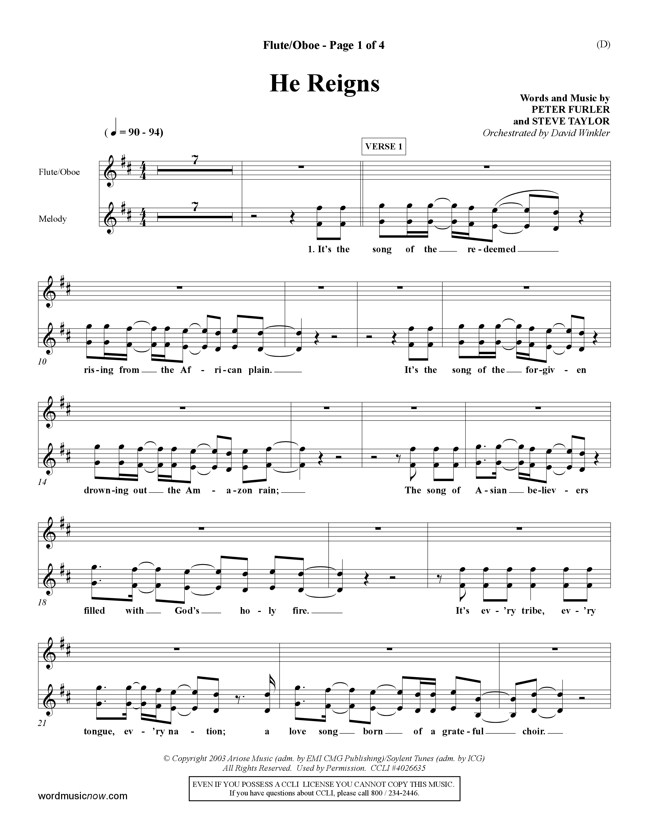 He Reigns (Choral Anthem SATB) Flute/Oboe (Word Music Choral / Orch. David Winkler)
