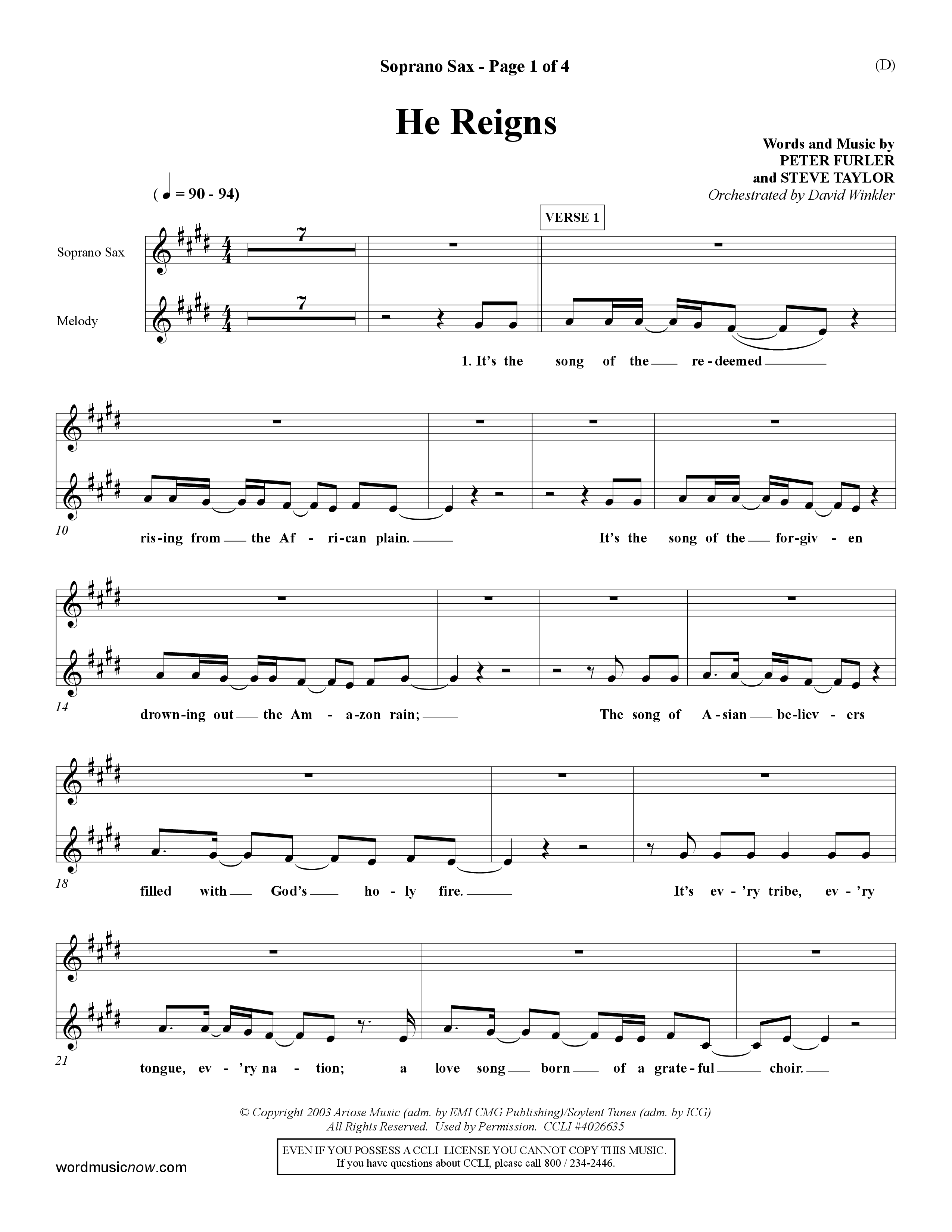 He Reigns (Choral Anthem SATB) Saxophone (Word Music Choral / Orch. David Winkler)