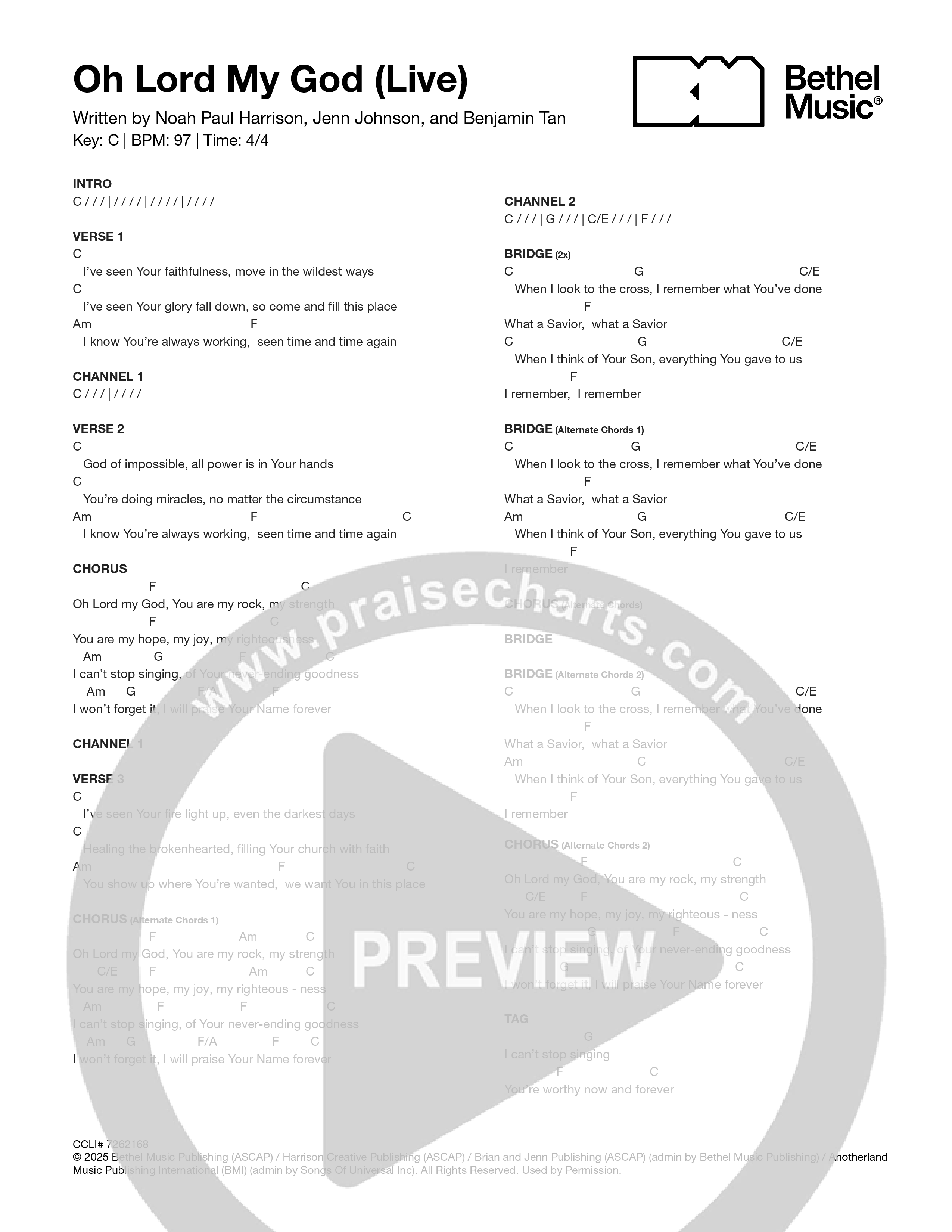 Oh Lord My God (Live) Chord Chart (Bethel Music / Noah Paul Harrison / Jenn Johnson)