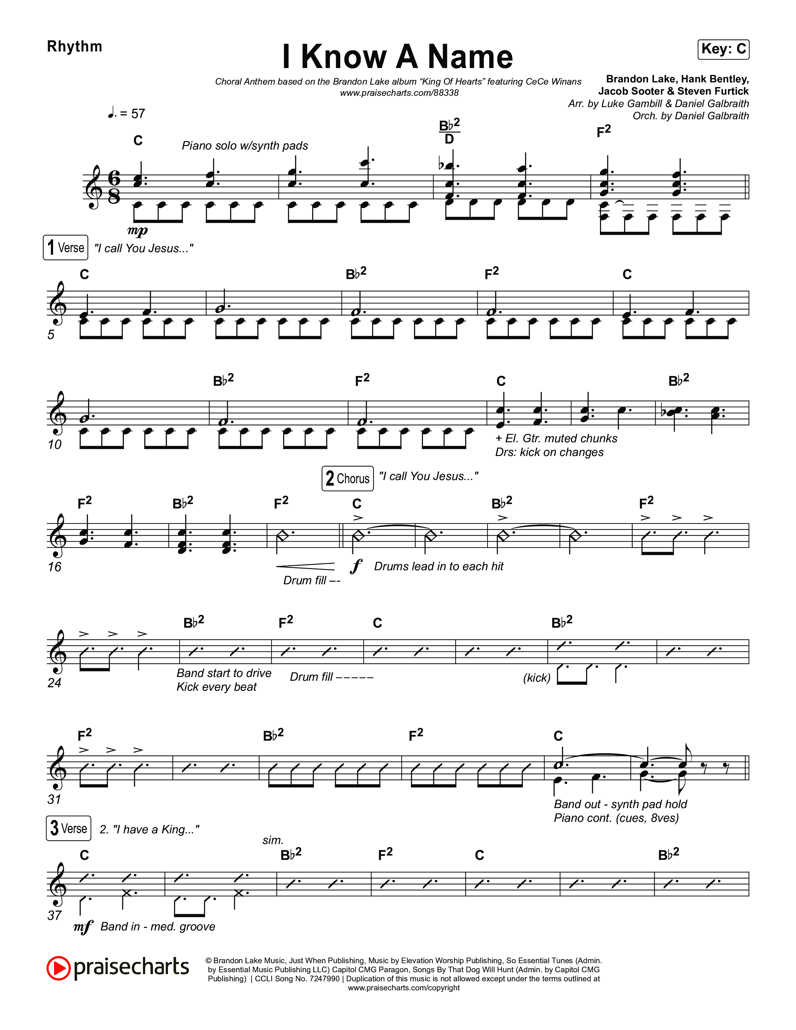 I Know A Name (Choral Anthem SATB) Rhythm Chart (Brandon Lake / CeCe Winans / Arr. Luke Gambill)