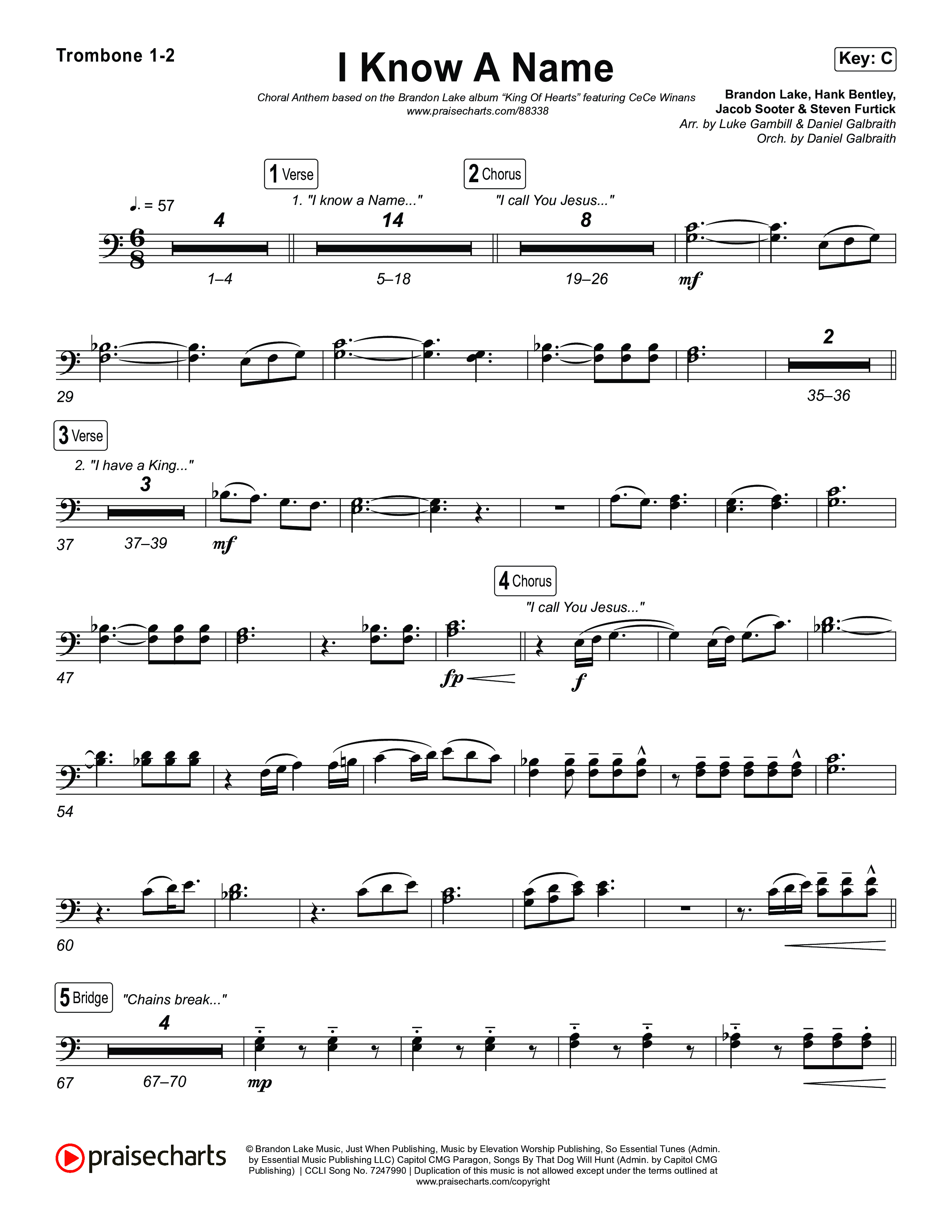 I Know A Name (Choral Anthem SATB) Trombone 1,2 (Brandon Lake / CeCe Winans / Arr. Luke Gambill)