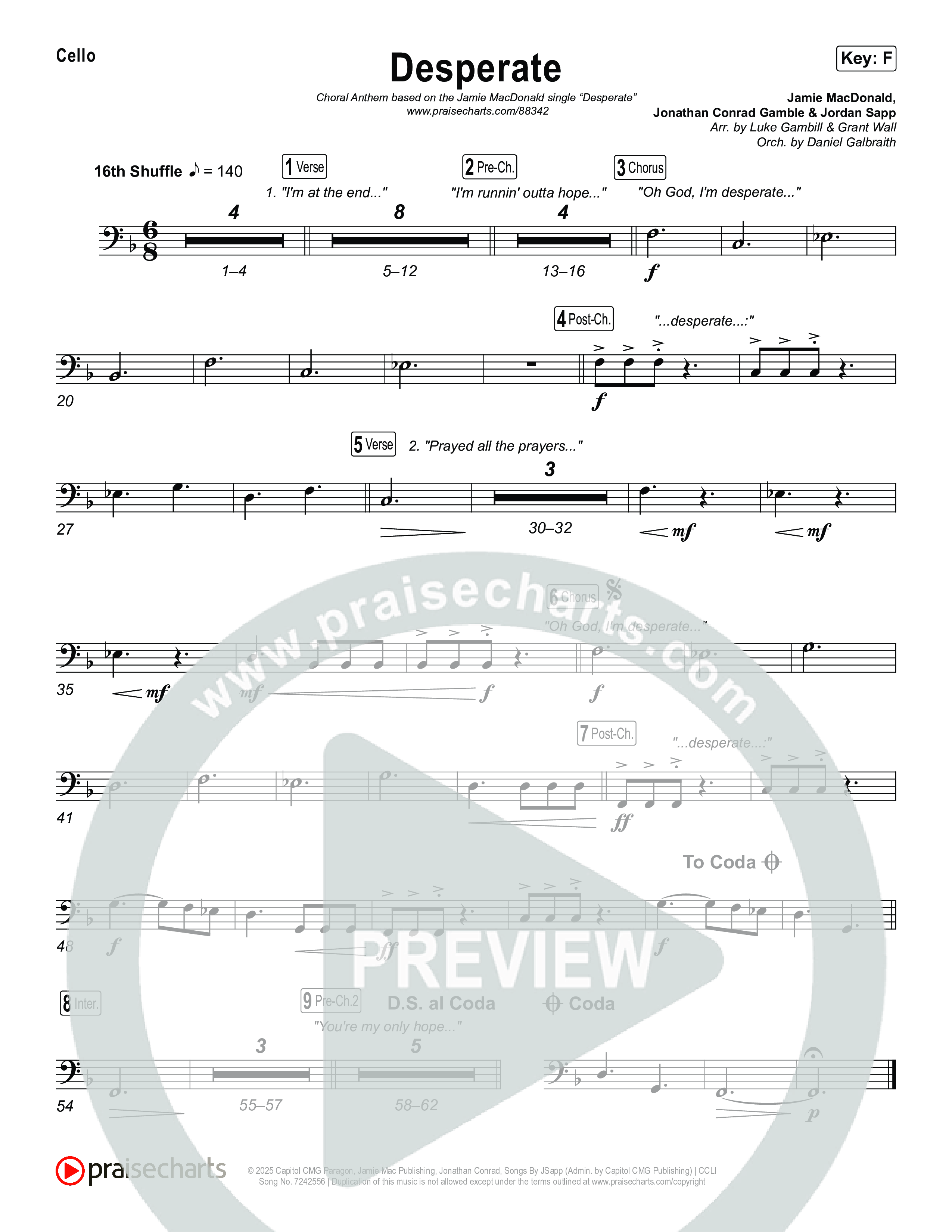 Desperate (Choral Anthem SATB) Cello (Jamie MacDonald / Arr. Luke Gambill)
