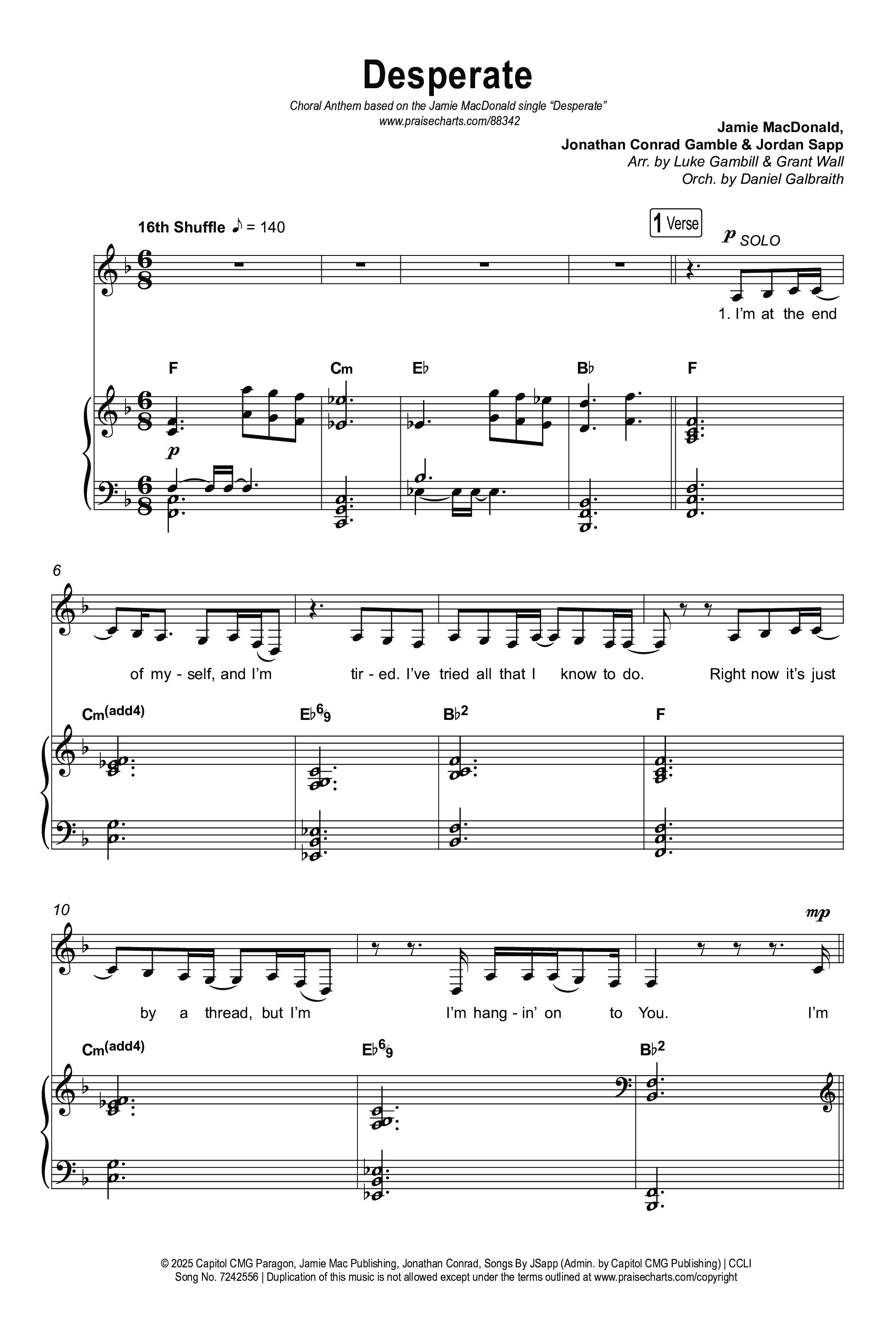 Desperate (Choral Anthem SATB) Octavo (SATB & Pno) (Jamie MacDonald / Arr. Luke Gambill)