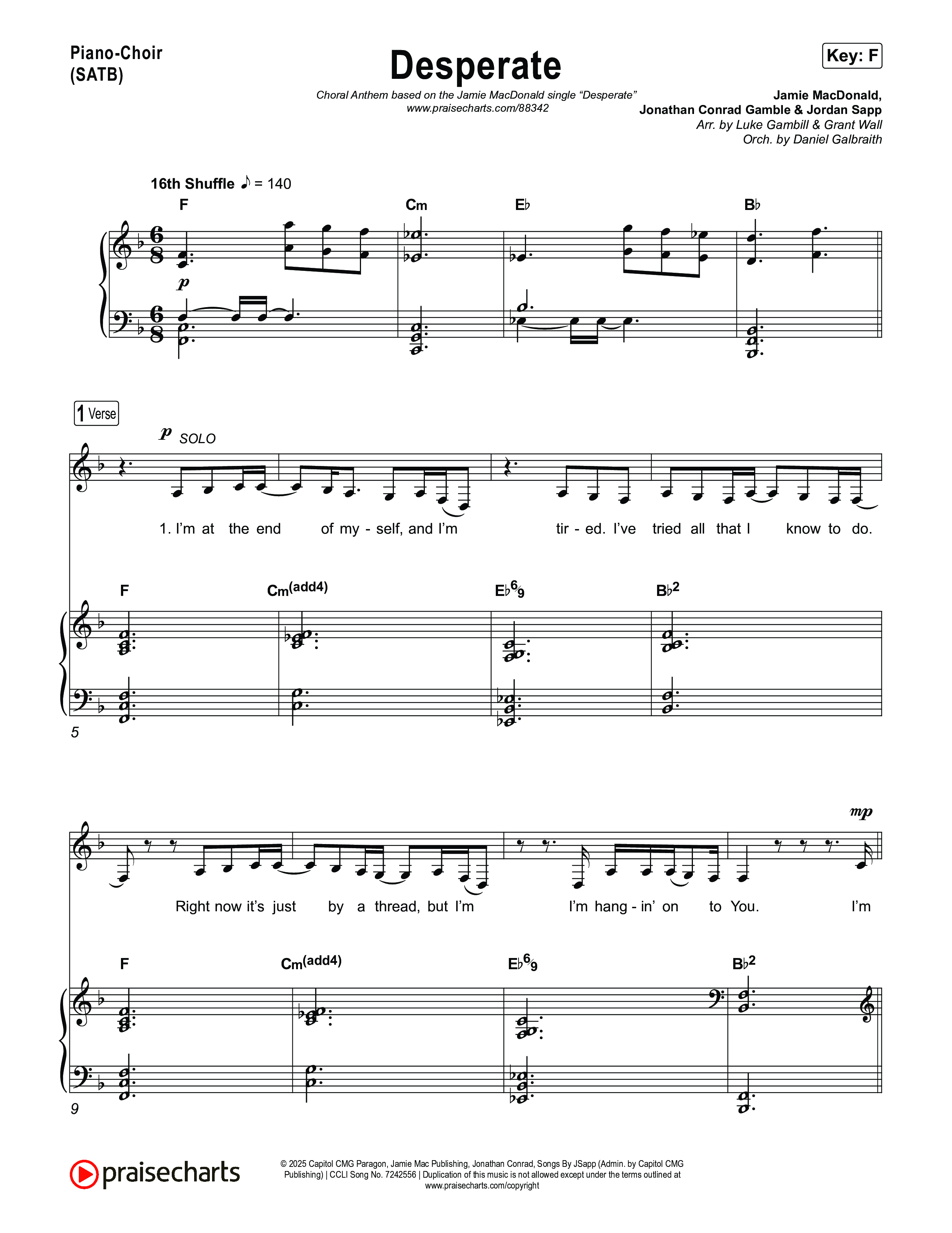 Desperate (Choral Anthem SATB) Piano/Vocal (SATB) (Jamie MacDonald / Arr. Luke Gambill)