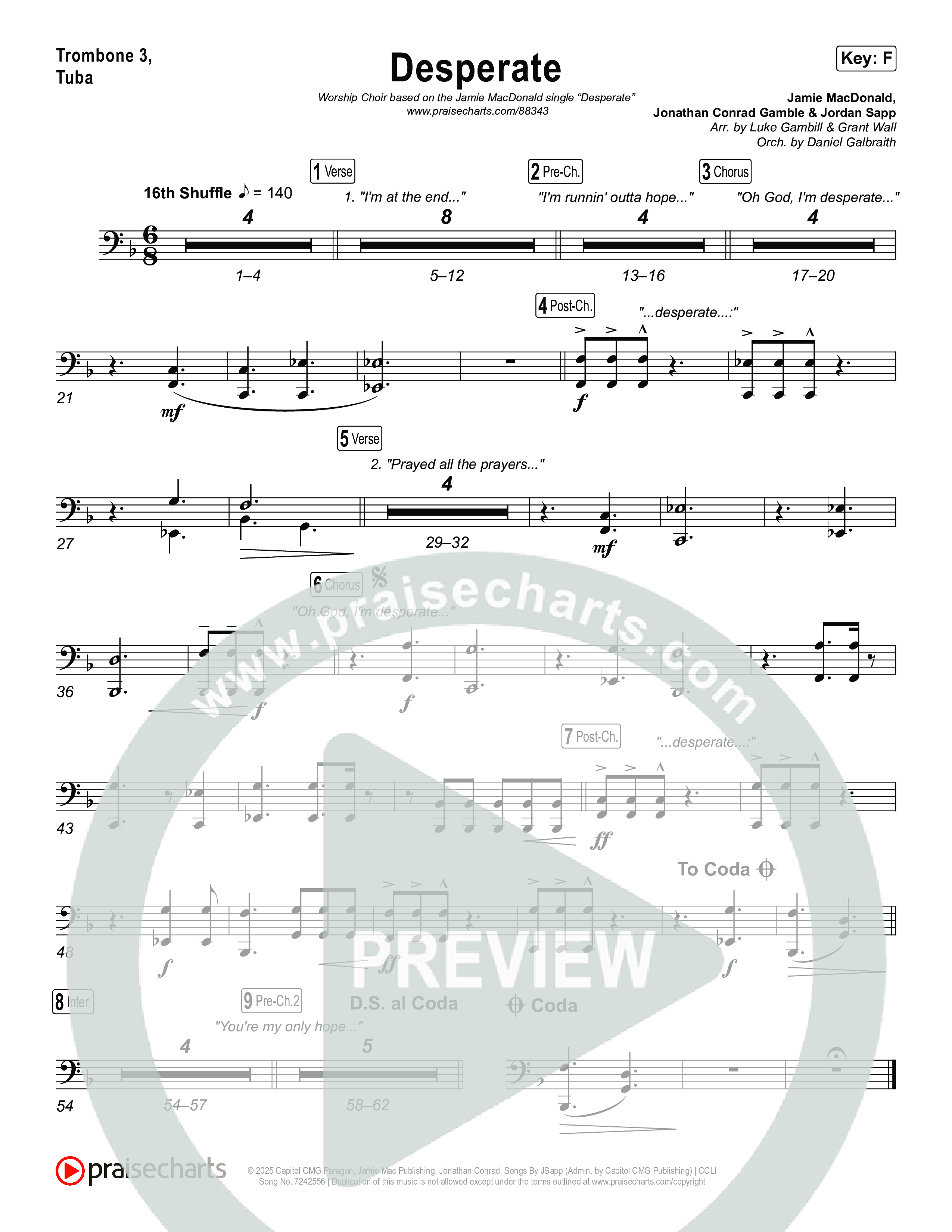 Desperate (Worship Choir/SAB) Trombone 3/Tuba (Jamie MacDonald / Arr. Luke Gambill)