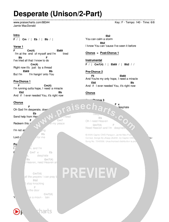 Desperate (Unison/2-Part) Chords & Lyrics (Jamie MacDonald / Arr. Luke Gambill)