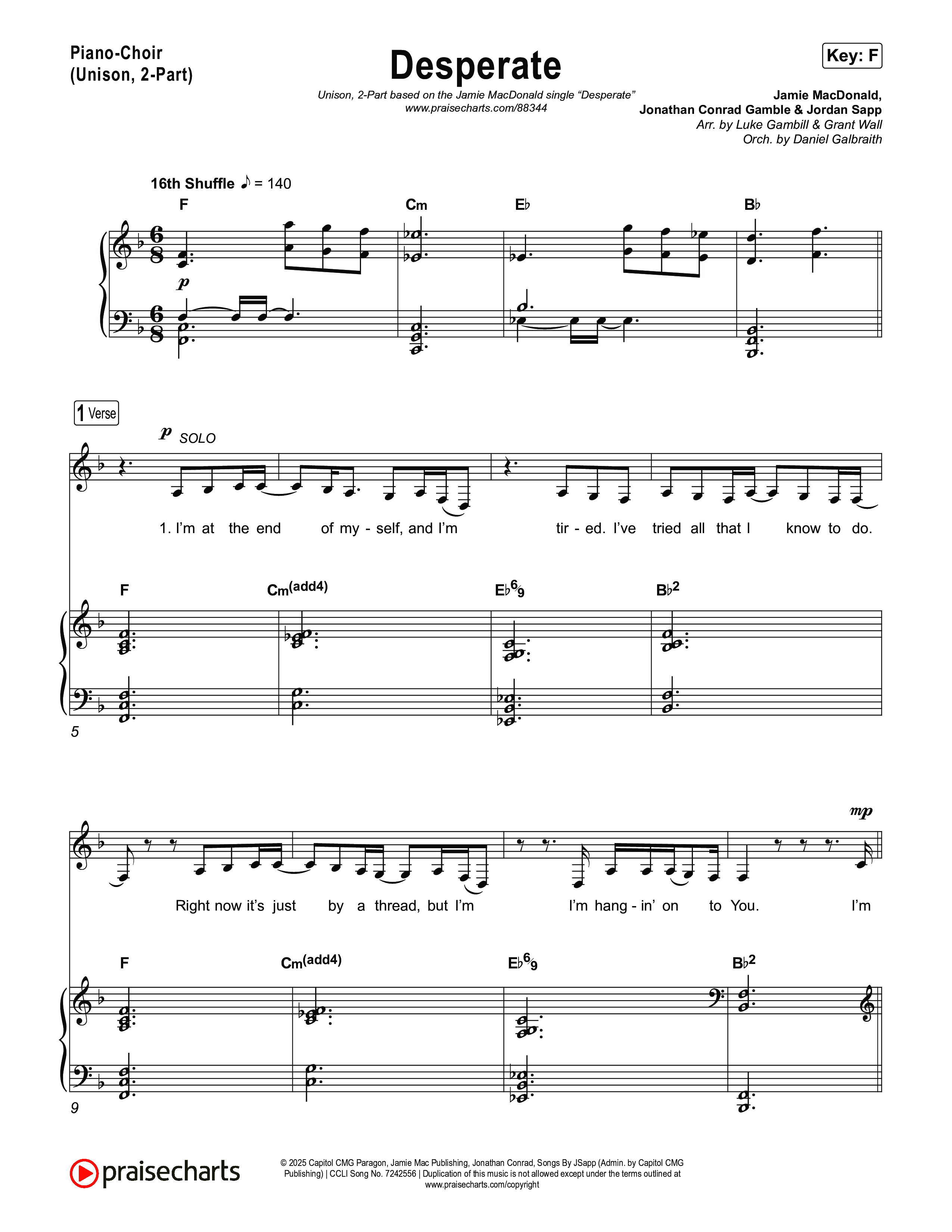 Desperate (Unison/2-Part) Piano/Choir  (Uni/2-Part) (Jamie MacDonald / Arr. Luke Gambill)