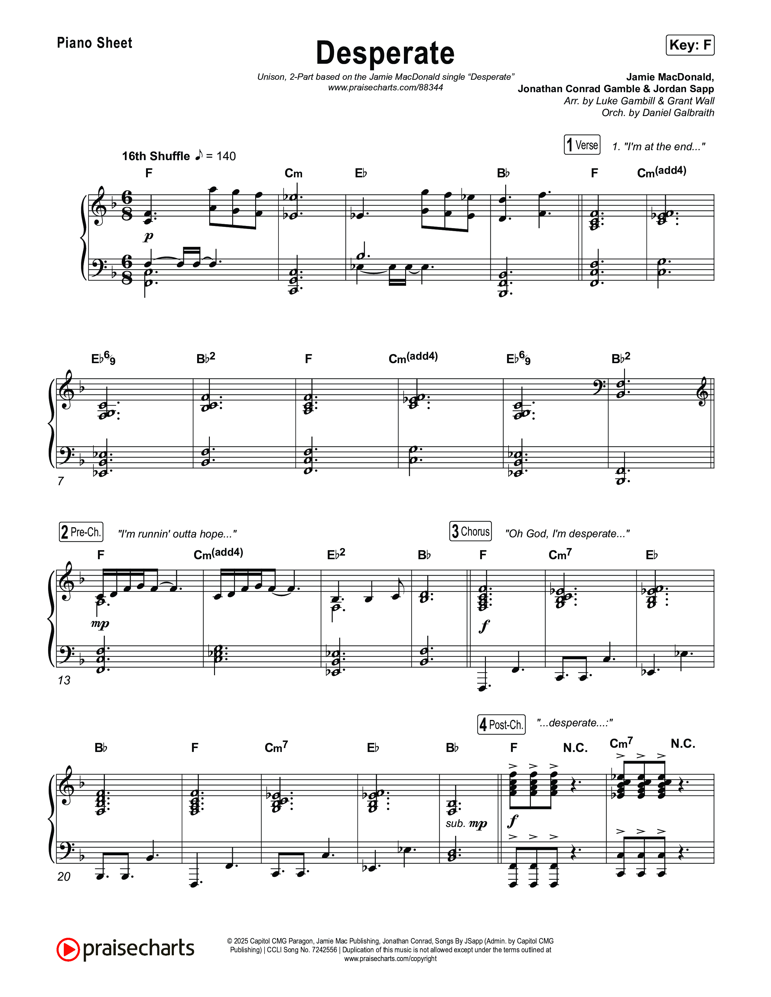 Desperate (Unison/2-Part) Piano Sheet (Jamie MacDonald / Arr. Luke Gambill)