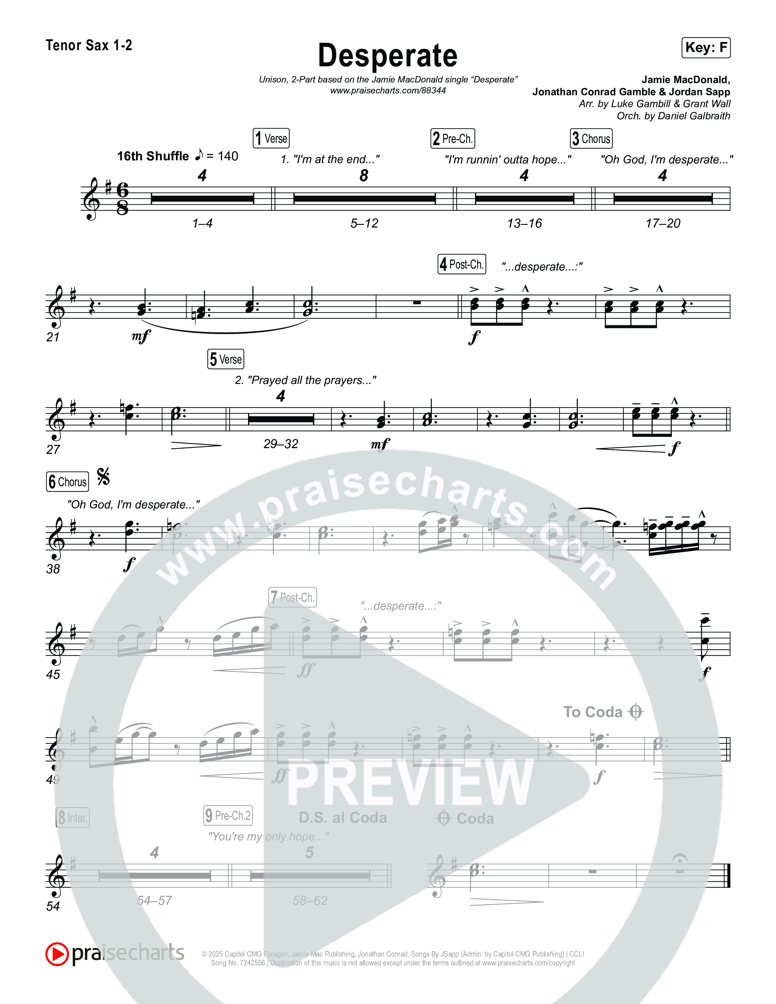 Desperate (Unison/2-Part) Tenor Sax 1/2 (Jamie MacDonald / Arr. Luke Gambill)