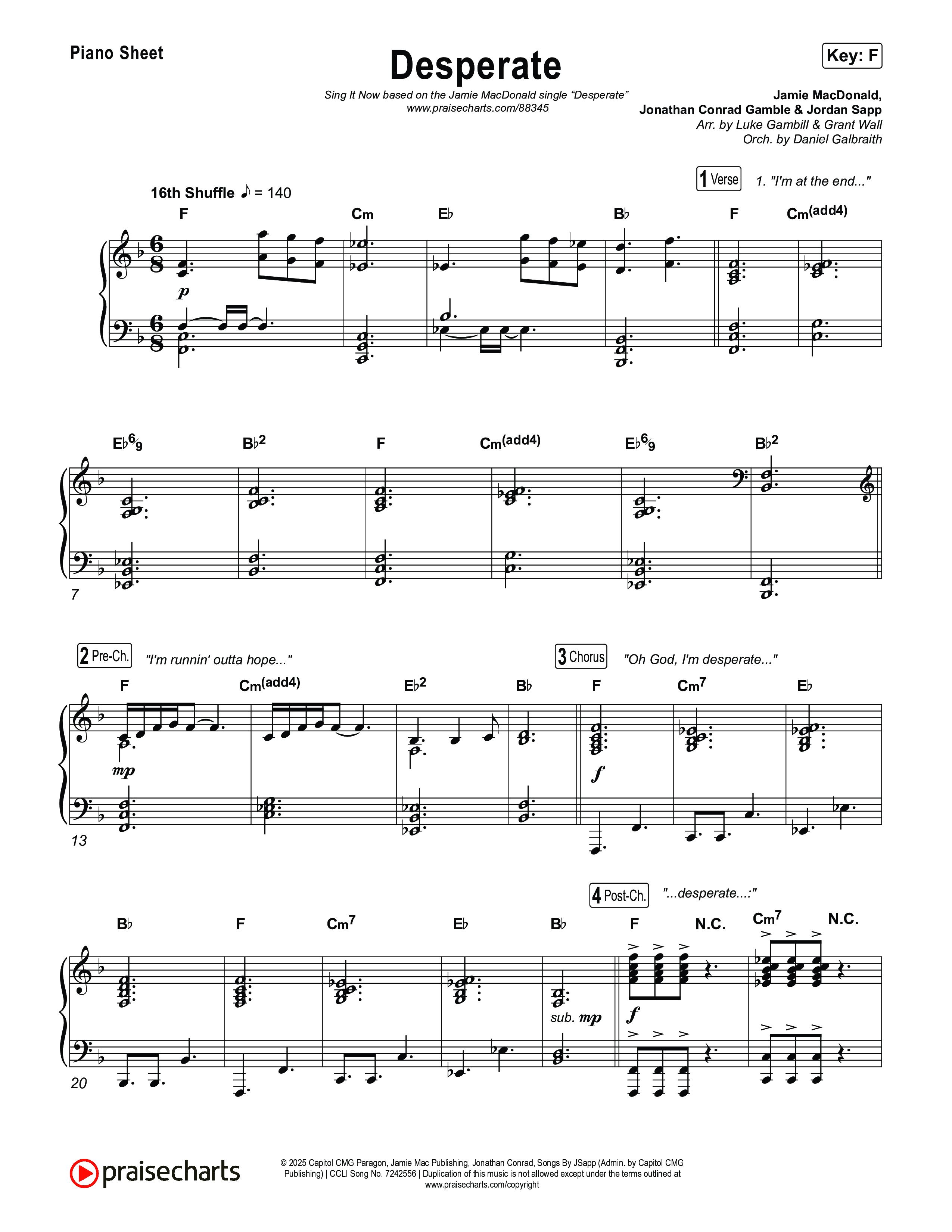 Desperate (Sing It Now) Piano Sheet (Jamie MacDonald / Arr. Luke Gambill)
