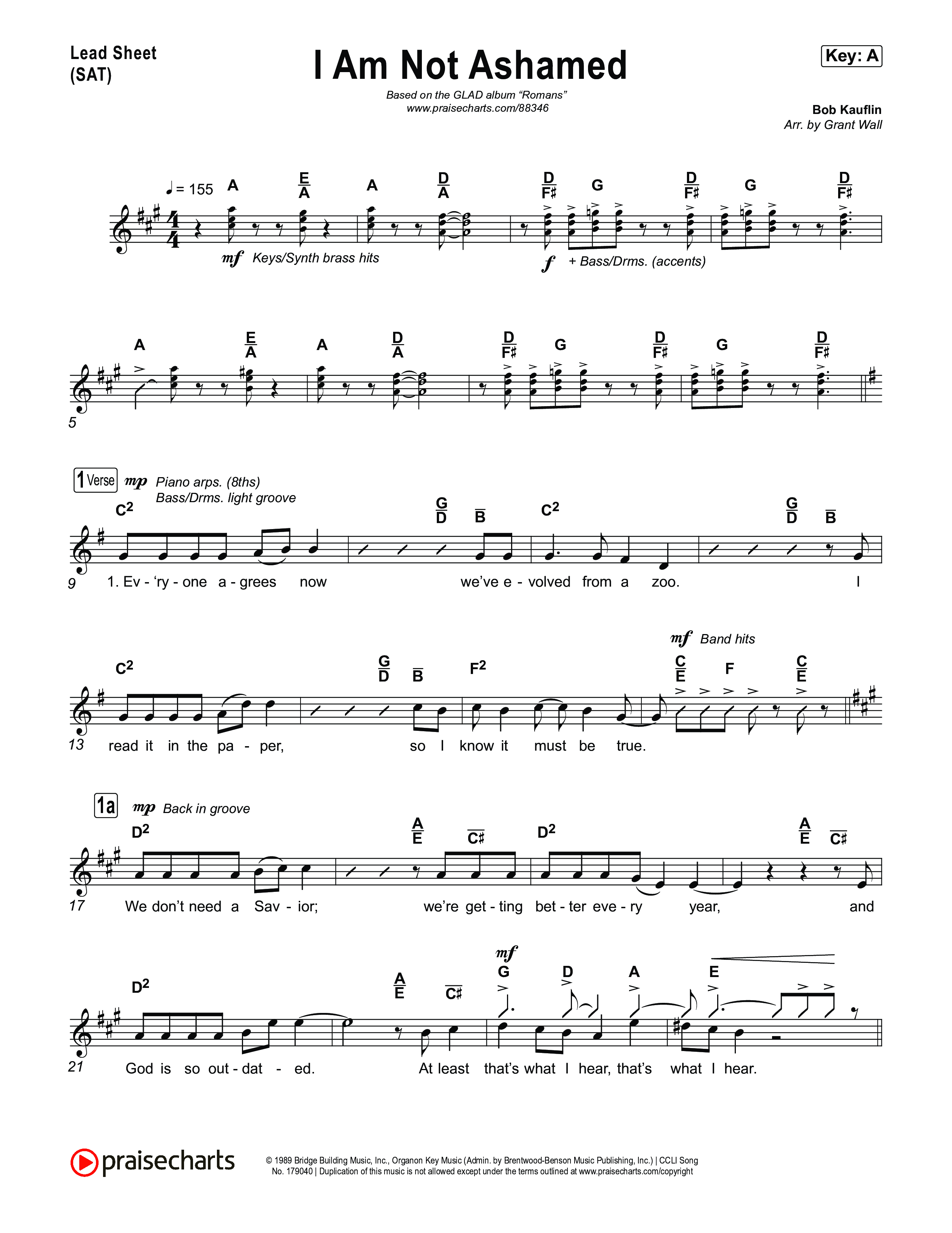 I Am Not Ashamed Lead Sheet (SAT) (Glad)