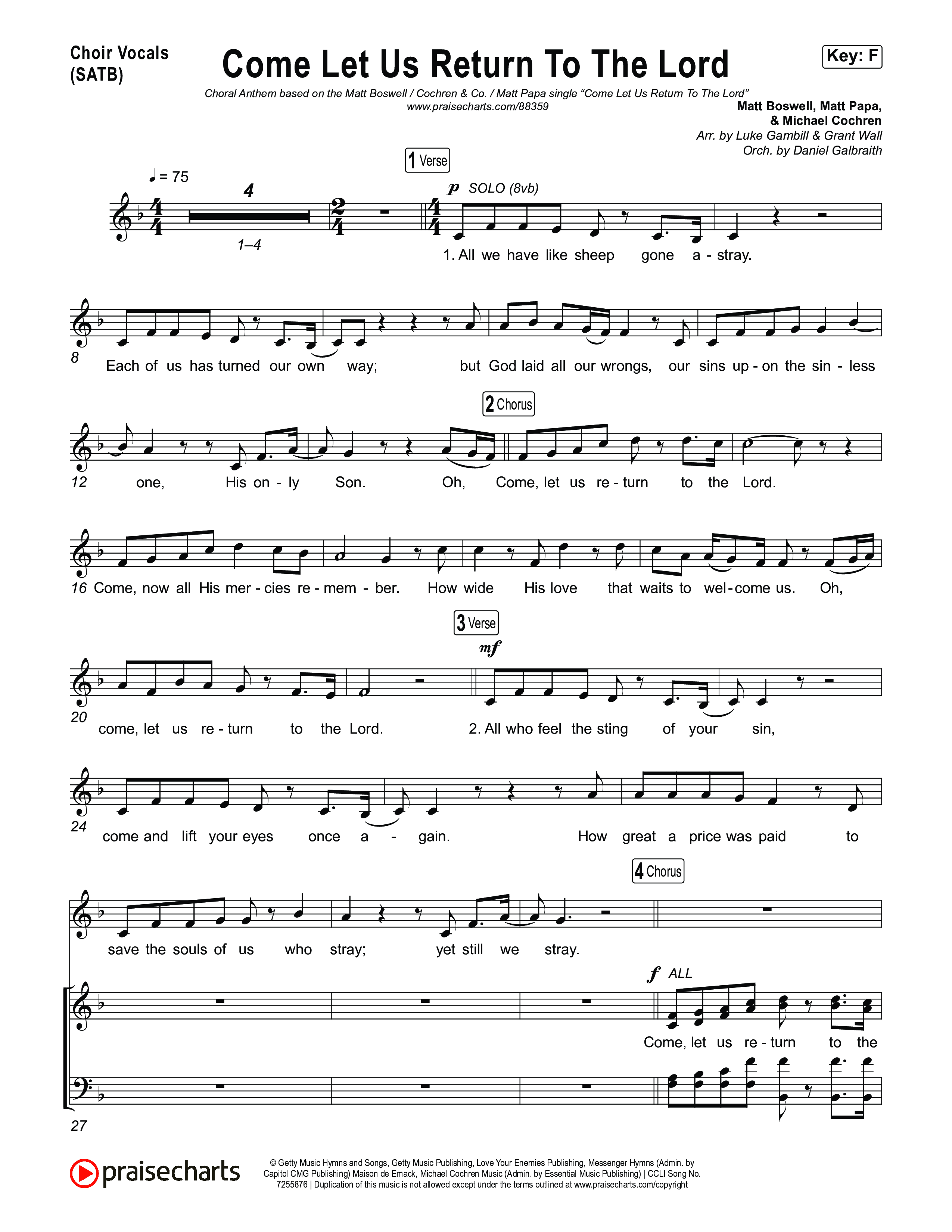 Come Let Us Return To The Lord (Choral Anthem SATB) Choir Sheet (SATB) (Matt Papa / Matt Boswell / Cochren & Co / Arr. Luke Gambill)