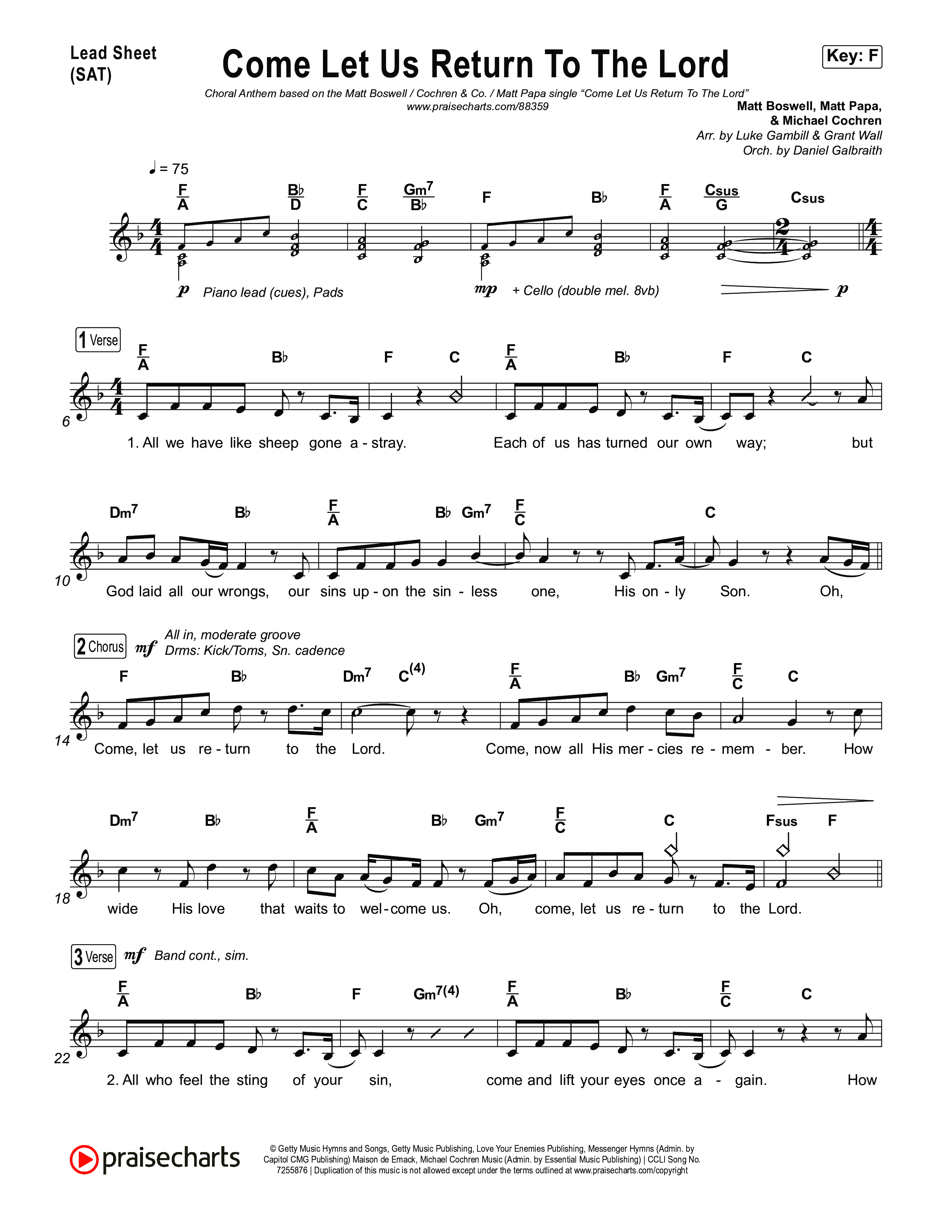 Come Let Us Return To The Lord (Choral Anthem SATB) Lead Sheet (SAT) (Matt Papa / Matt Boswell / Cochren & Co / Arr. Luke Gambill)