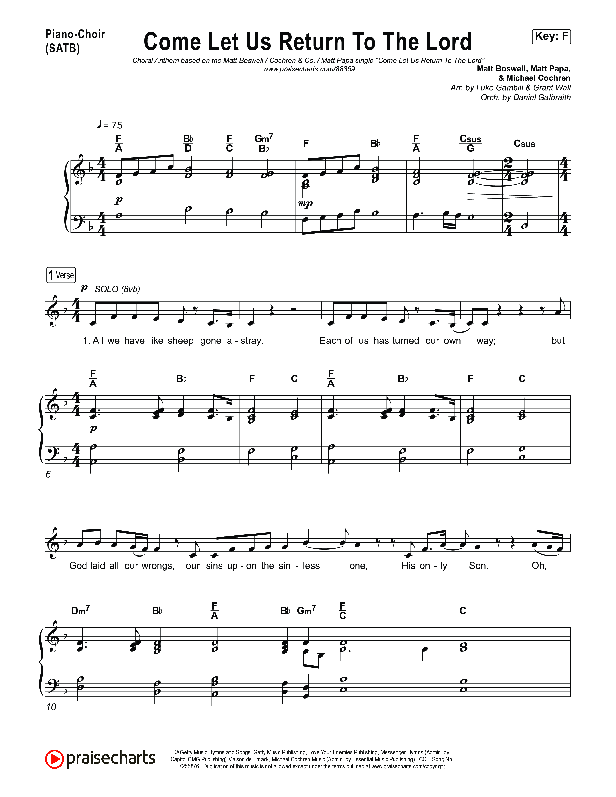 Come Let Us Return To The Lord (Choral Anthem SATB) Piano/Vocal (SATB) (Matt Papa / Matt Boswell / Cochren & Co / Arr. Luke Gambill)