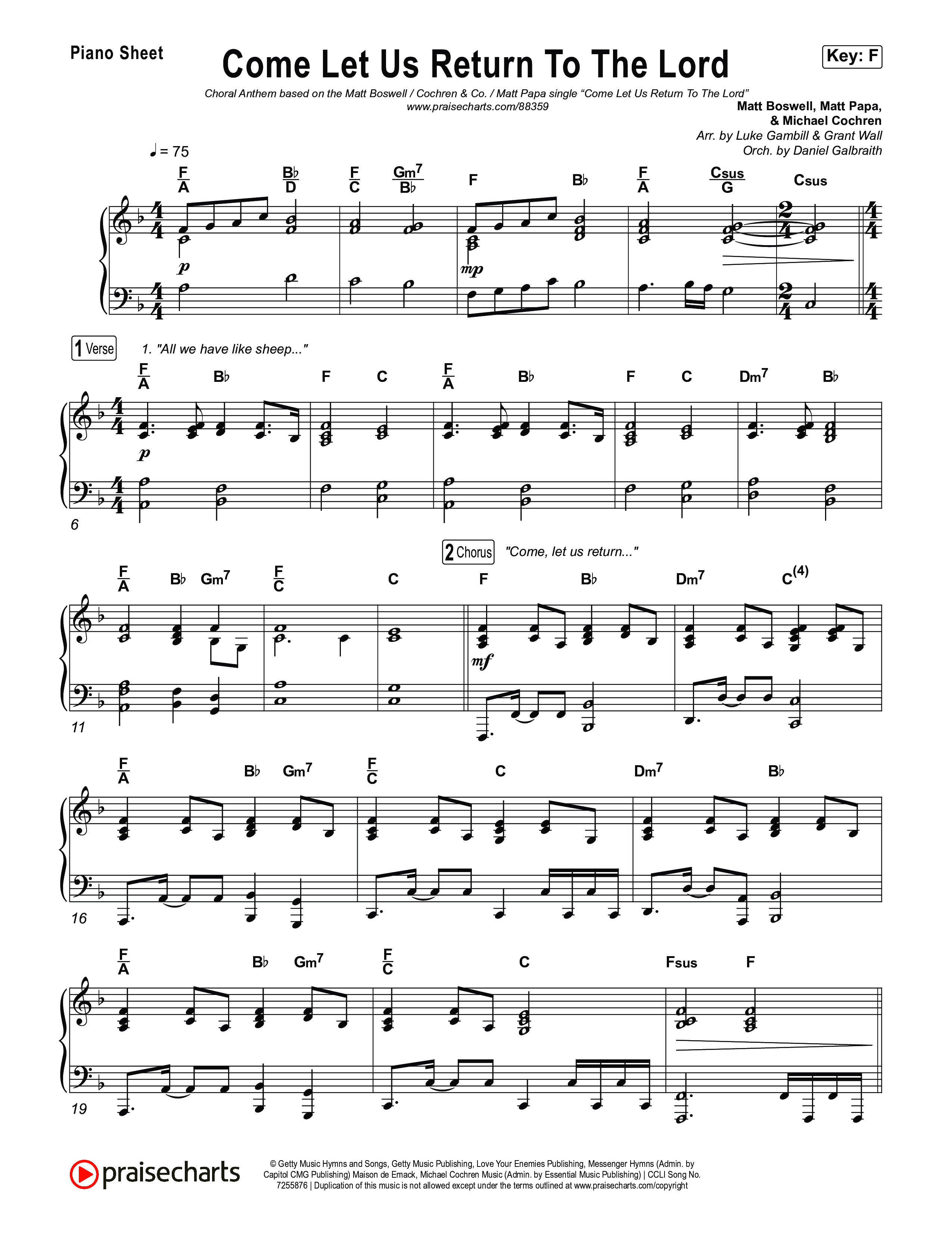 Come Let Us Return To The Lord (Choral Anthem SATB) Piano Sheet (Matt Papa / Matt Boswell / Cochren & Co / Arr. Luke Gambill)