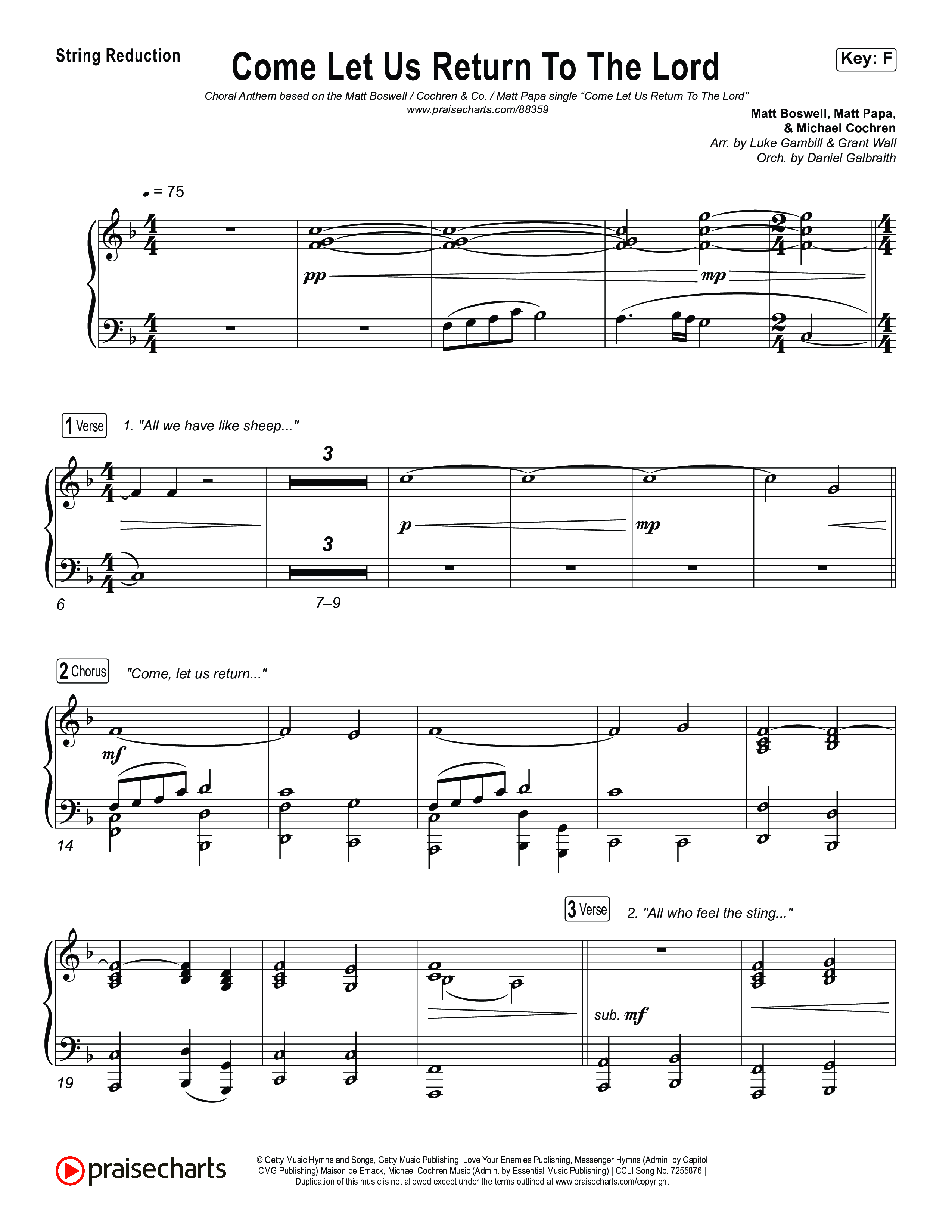 Come Let Us Return To The Lord (Choral Anthem SATB) String Reduction (Matt Papa / Matt Boswell / Cochren & Co / Arr. Luke Gambill)