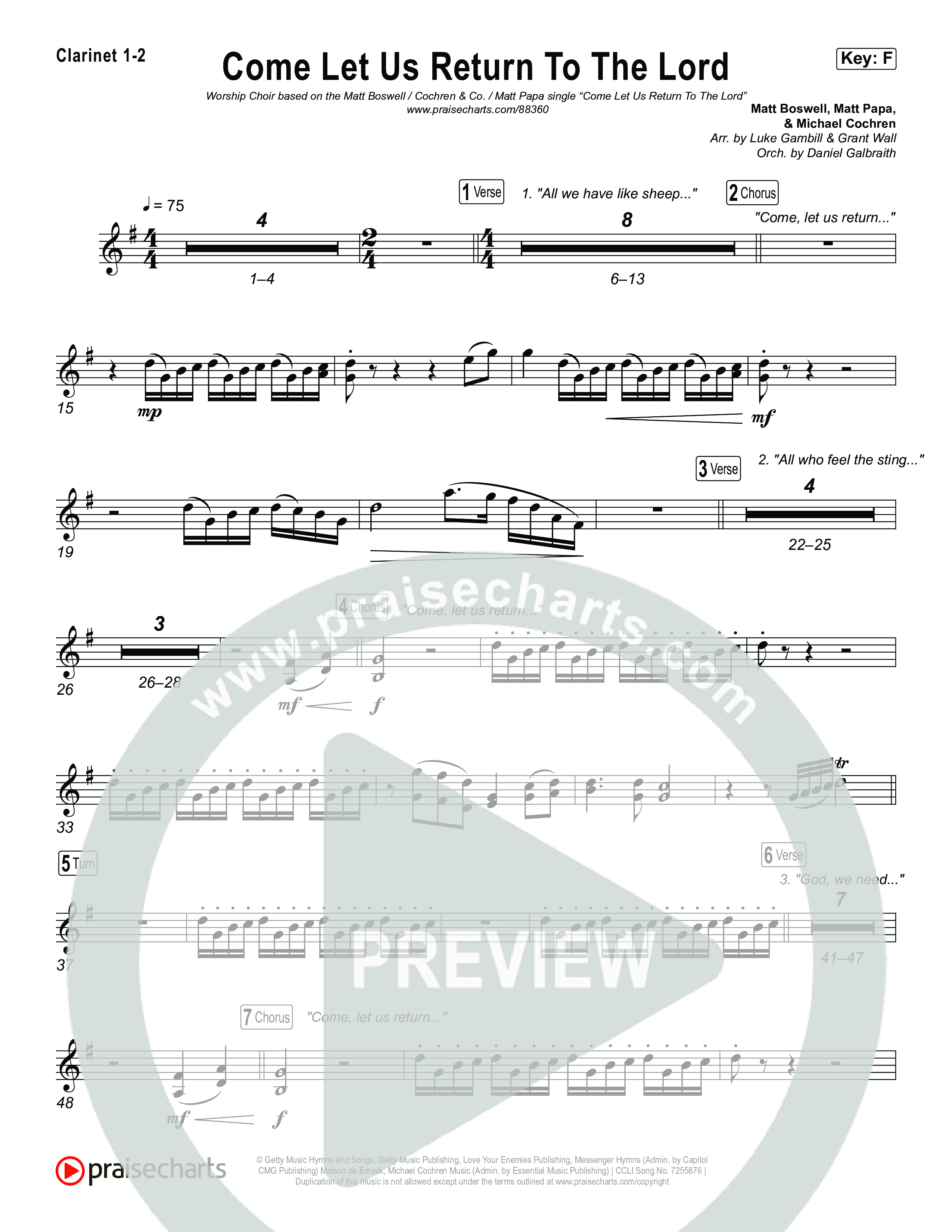 Come Let Us Return To The Lord (Worship Choir/SAB) Clarinet 1/2 (Matt Papa / Matt Boswell / Cochren & Co)