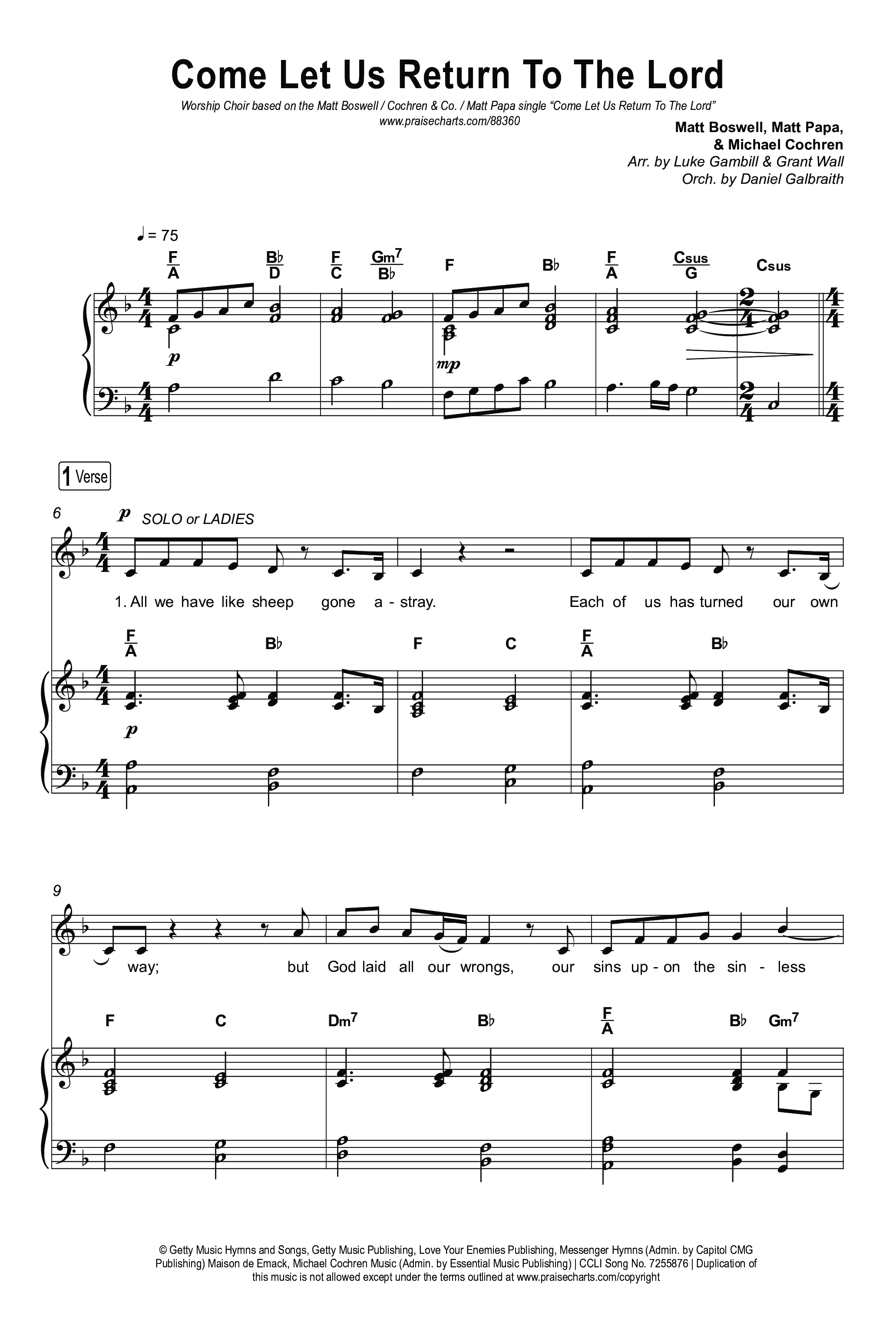 Come Let Us Return To The Lord (Worship Choir/SAB) Octavo (SAB & Pno) (Matt Papa / Matt Boswell / Cochren & Co)