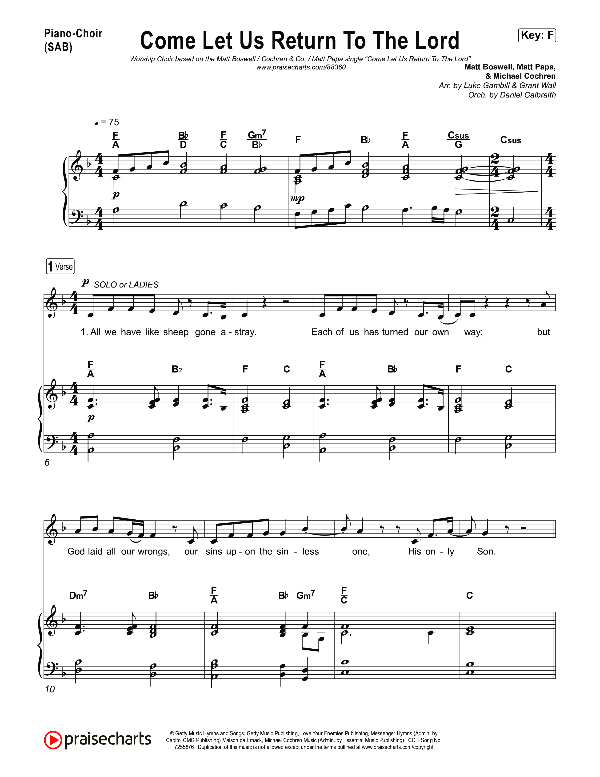 Come Let Us Return To The Lord (Worship Choir/SAB) Piano/Choir (SAB) (Matt Papa / Matt Boswell / Cochren & Co)