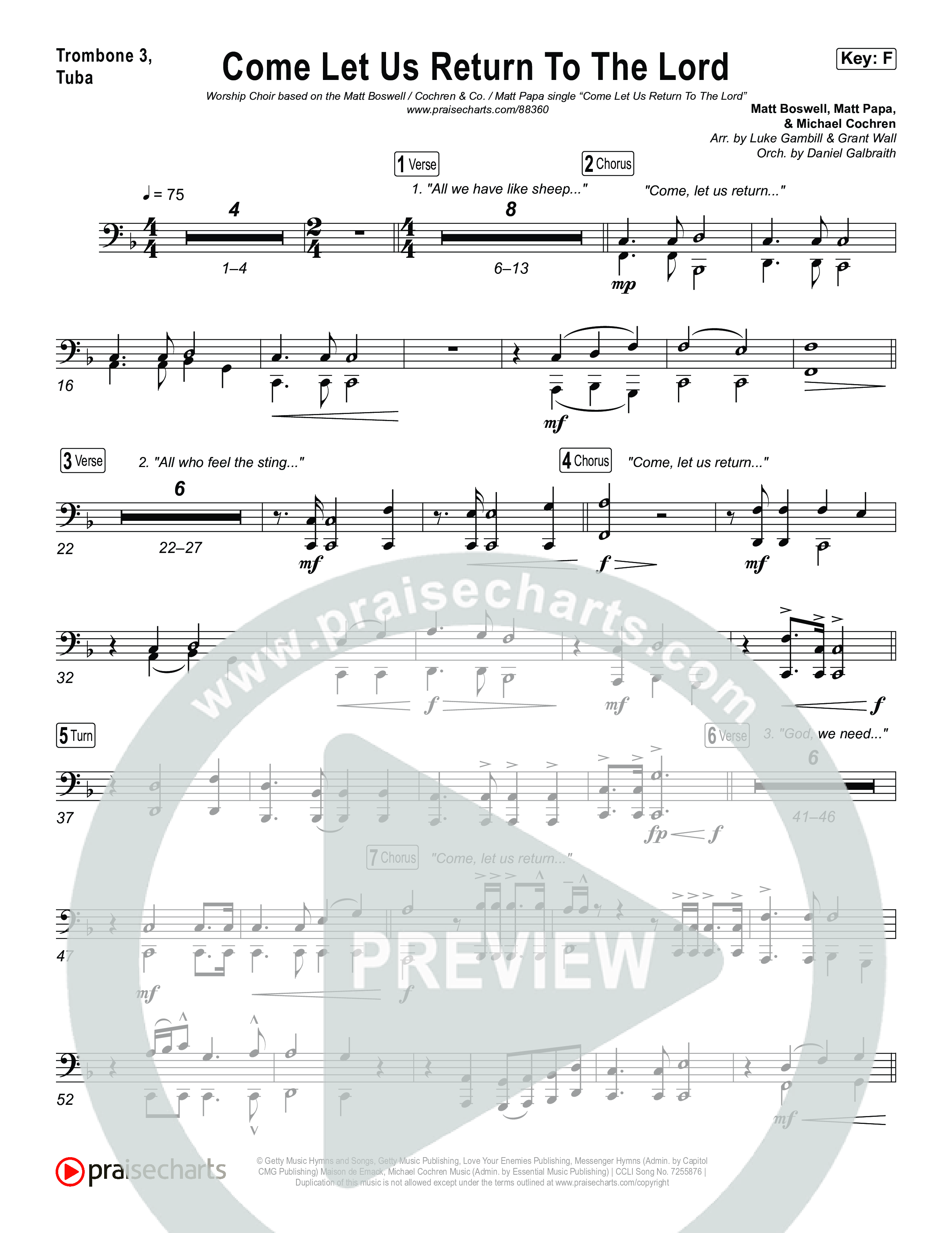 Come Let Us Return To The Lord (Worship Choir/SAB) Trombone 3/Tuba (Matt Papa / Matt Boswell / Cochren & Co)